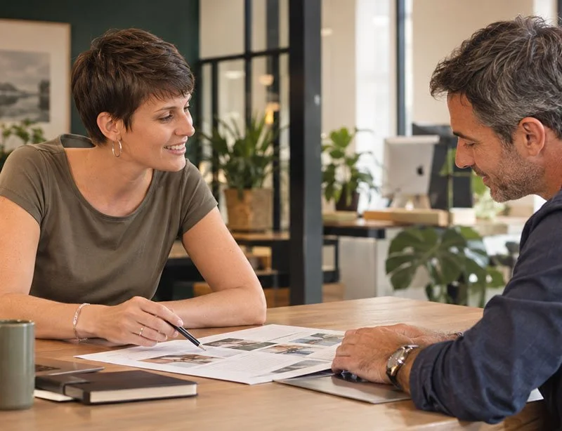 Cécile Tellier échange avec un responsable communication, assis à un bureau dans un environnement de travail agréable et lumineux.