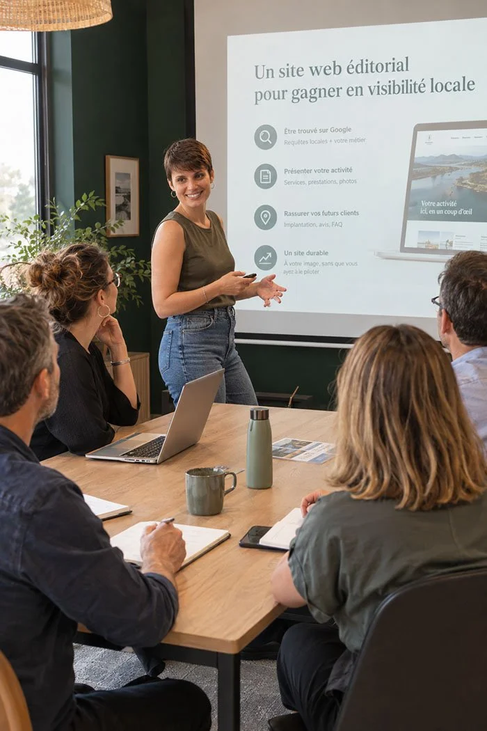 Cécile Tellier forme un groupe de 4 professionnels à l'utilisation de leur nouveau site web.