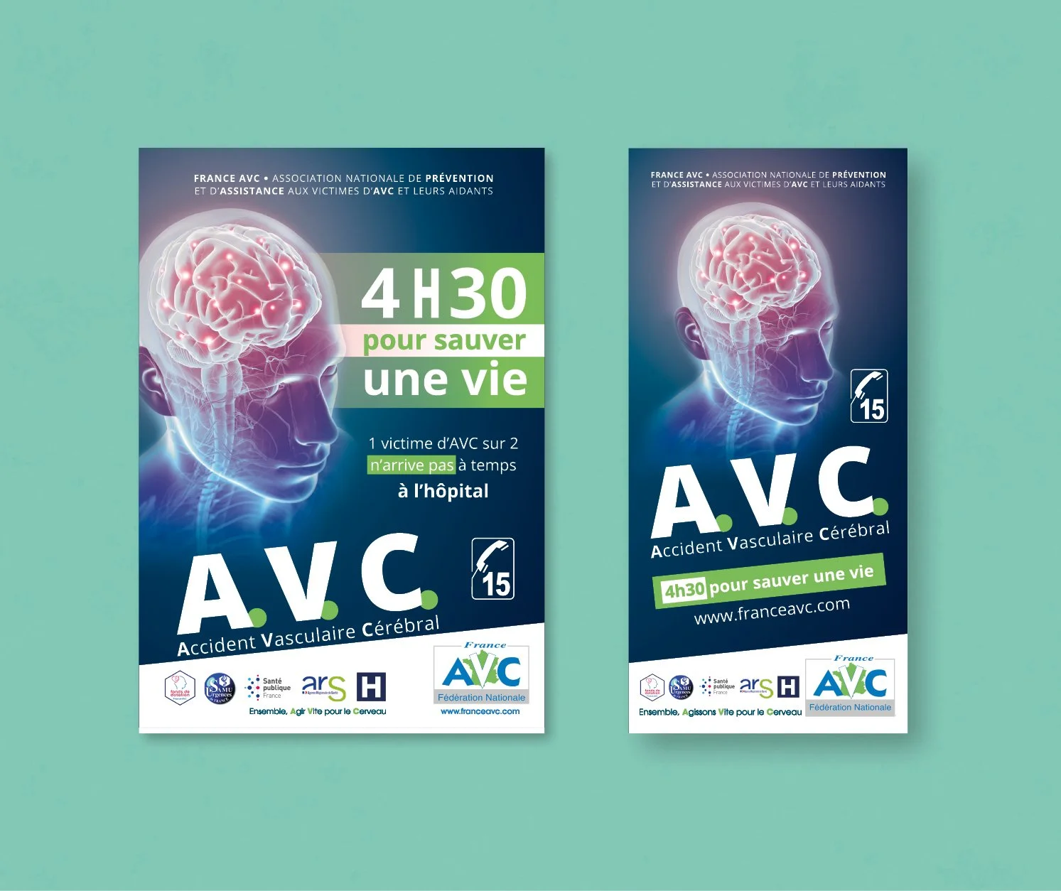 Affiche et flyer de sensibilisation à l'AVC avec un cerveau en surbrillance dans une tête humaine, textes en français sur la prévention et l'urgence, logos des partenaires.