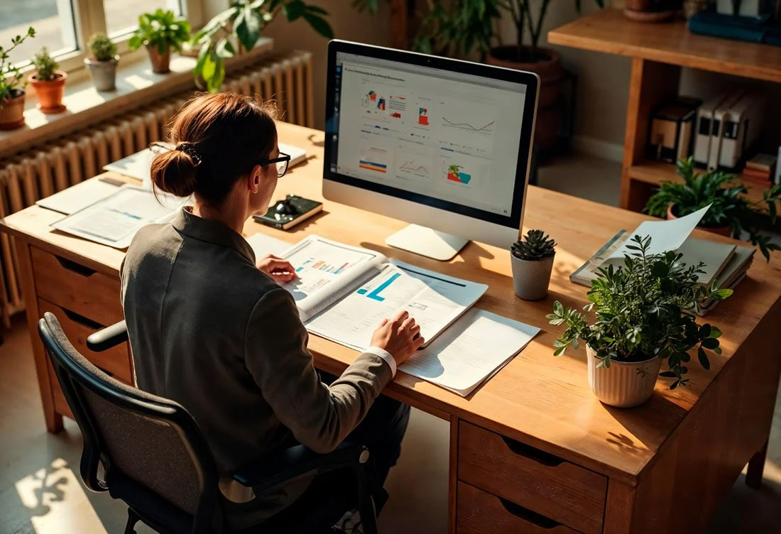Chargée de communication devant un ordinateur en train d'analyser des graphiques