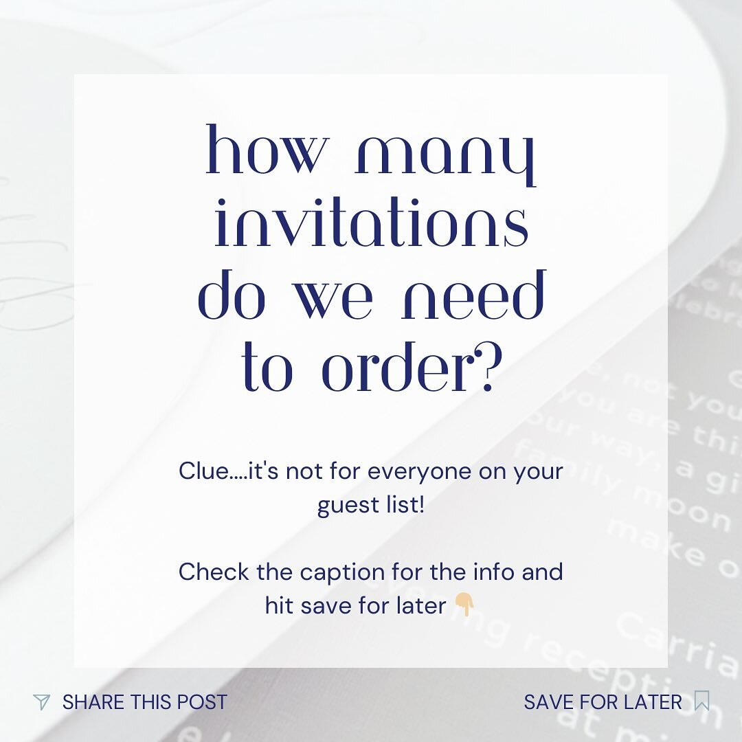 When ordering your wedding invitations, remember not to order for the total number of guests you have, order for the number of households! So many people look at their guest list of say 100 people and then get quotes for 100 invites. Lots of your gue
