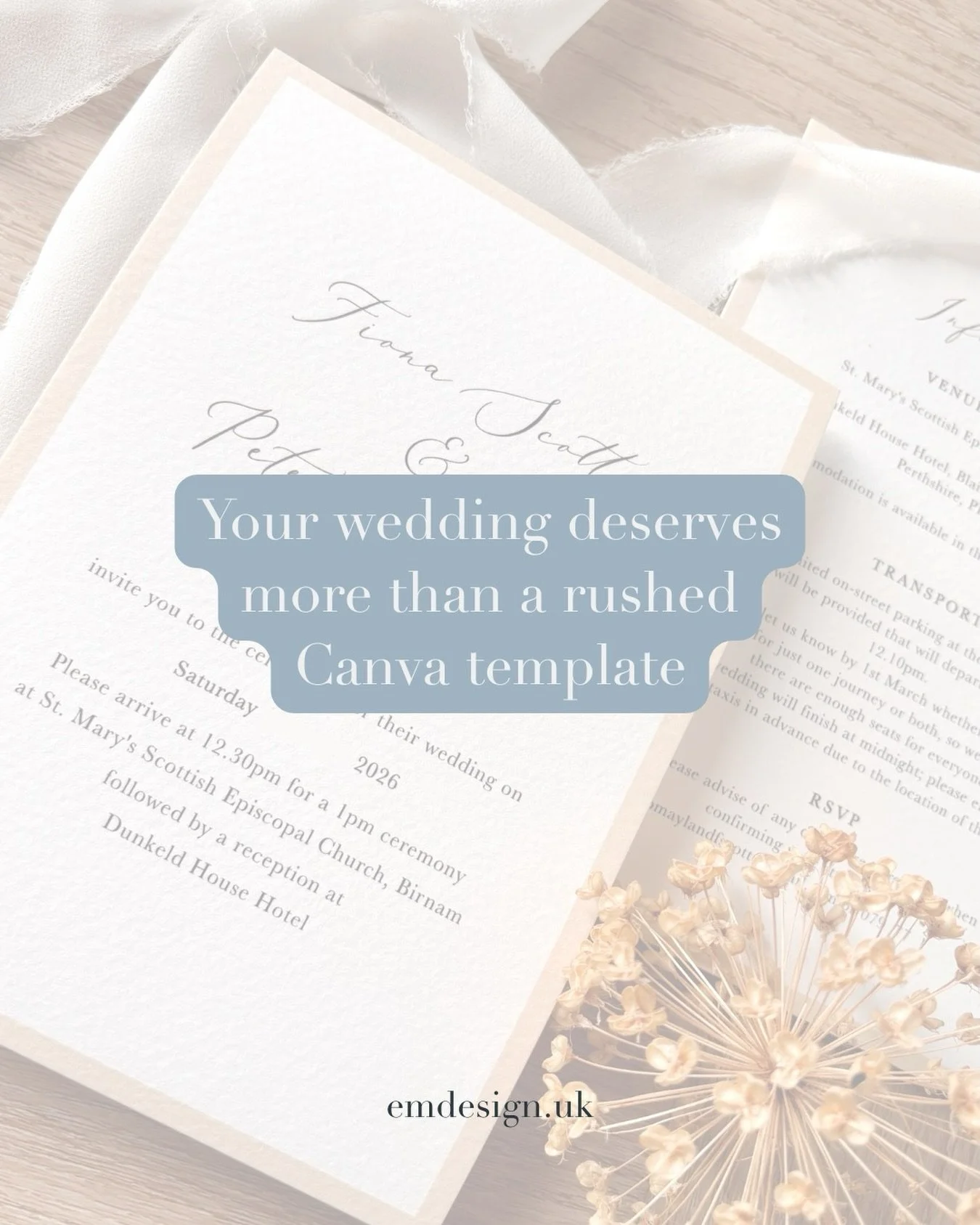 You don&rsquo;t want loud.
You don&rsquo;t want copy-and-paste.
And you definitely don&rsquo;t want something that feels like everyone else&rsquo;s wedding.
You want something considered. Elegant. A little bit special.

I design wedding invitations f