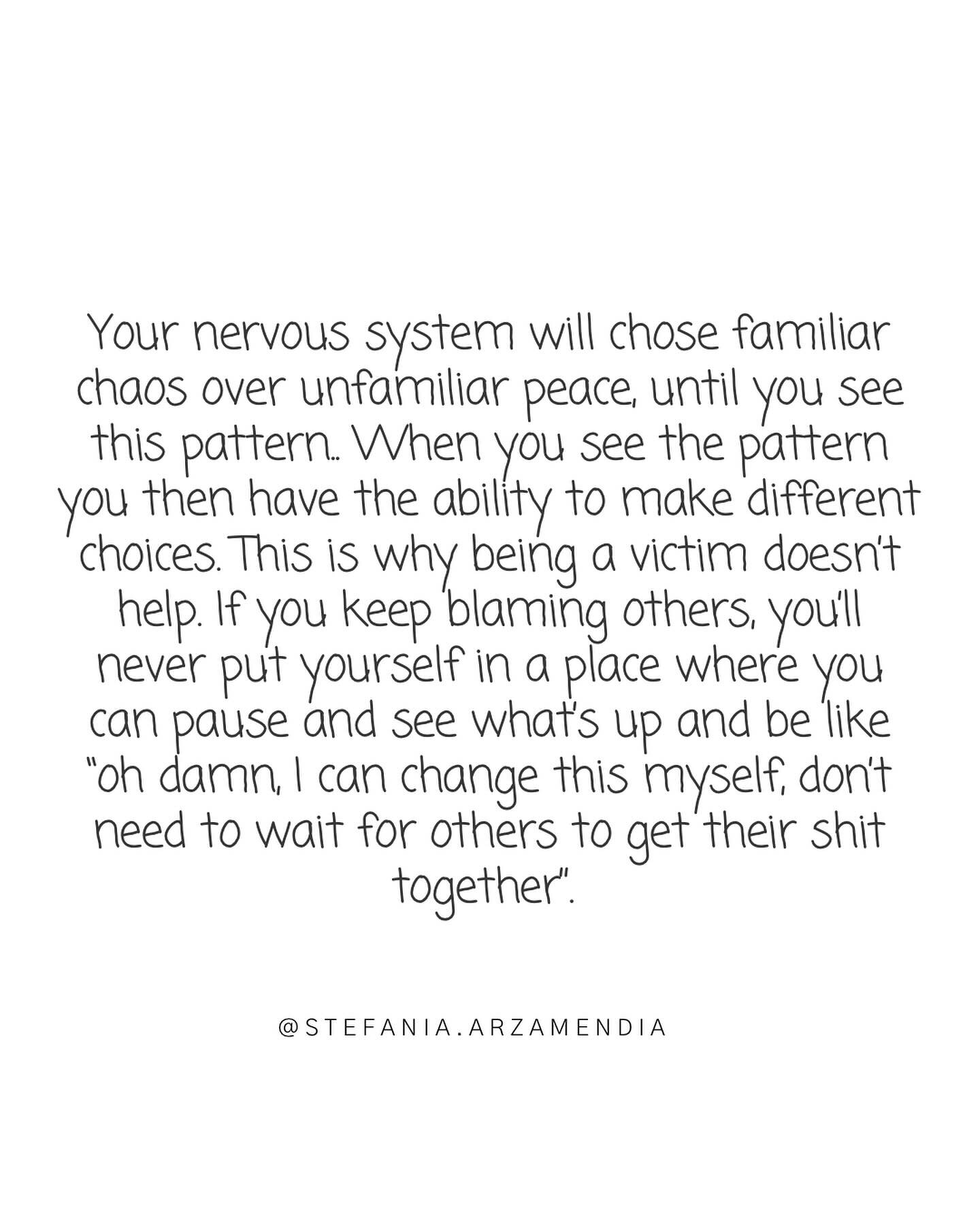 👇🏾(ESP)

Your nervous system naturally gravitates towards what it knows, even if it is chaotic, simply because it is familiar. 

Luckily, once you catch this pattern, you gain the power to make new choices. 

This is why adopting a victim mentality