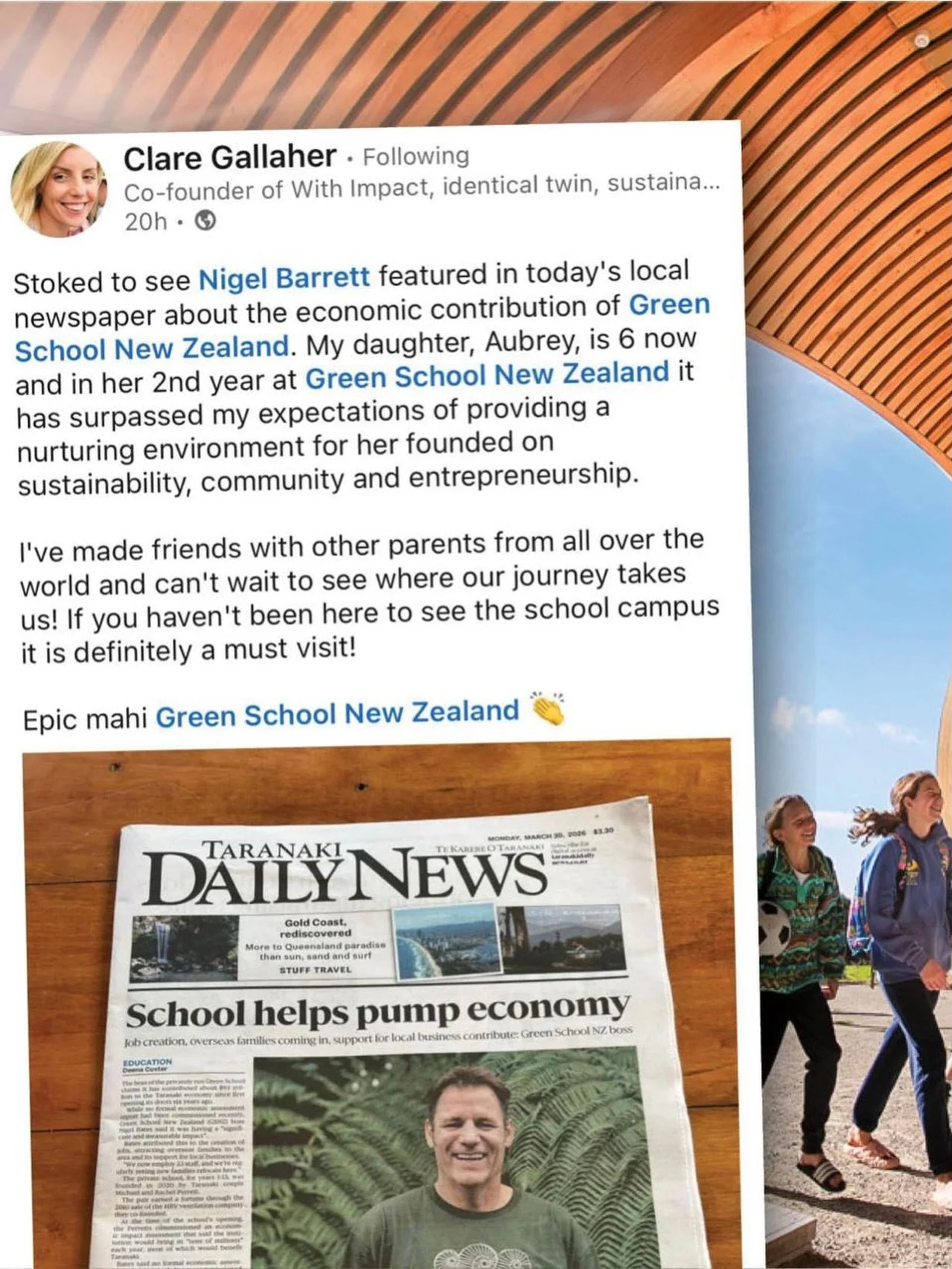 ✨ Thank you to @greenschoolnz parent Clare, and Stacey from @venturetaranaki , for your kind words in a timely article in our local newspaper highlighting the economic contribution of Green School New Zealand 🌱
It&rsquo;s so encouraging to hear that
