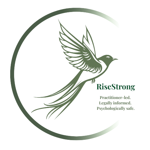 Logo of a hummingbird inside a crescent shape with the text 'RiseStrong' and the slogan 'Practitioner-led. Legally informed. Psychologically safe.'