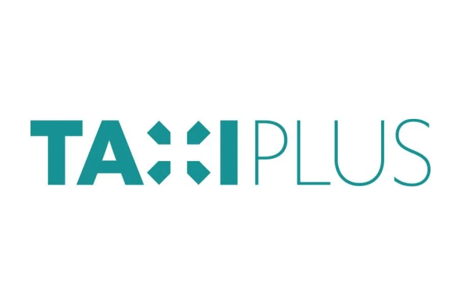 Logo with text "TAXI PLUS" in teal color, with stylized letter X formed by four arrow-like shapes.