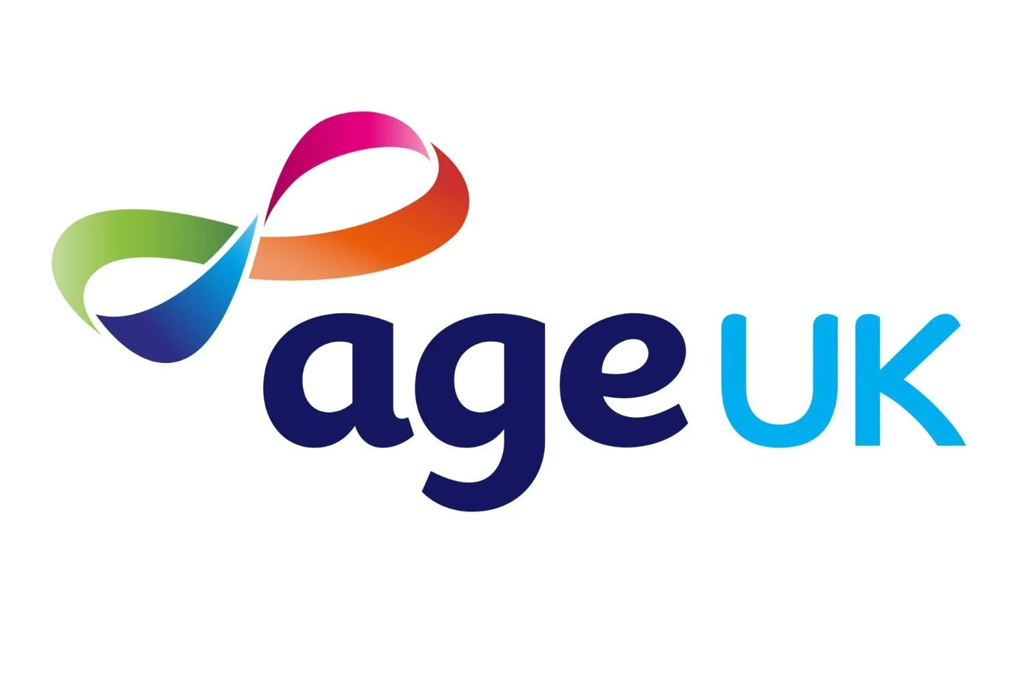 Logo of Age UK with a multicolored infinity symbol.