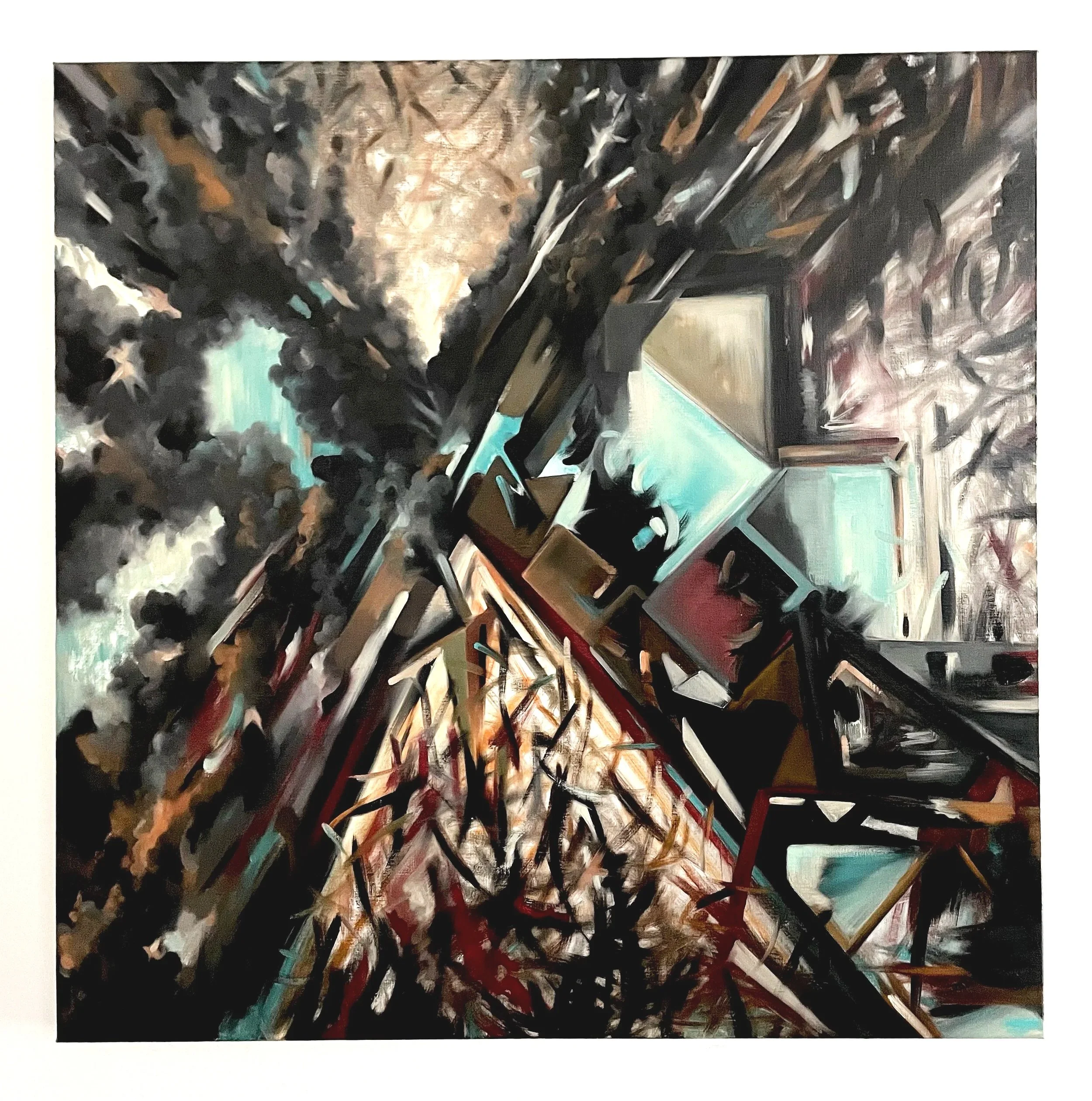 State 07 “The residue of witnessing from afar”
Material: Oil on Linen
Year: 2026           
Dimensions: 102 x 102 x 3 cm 
