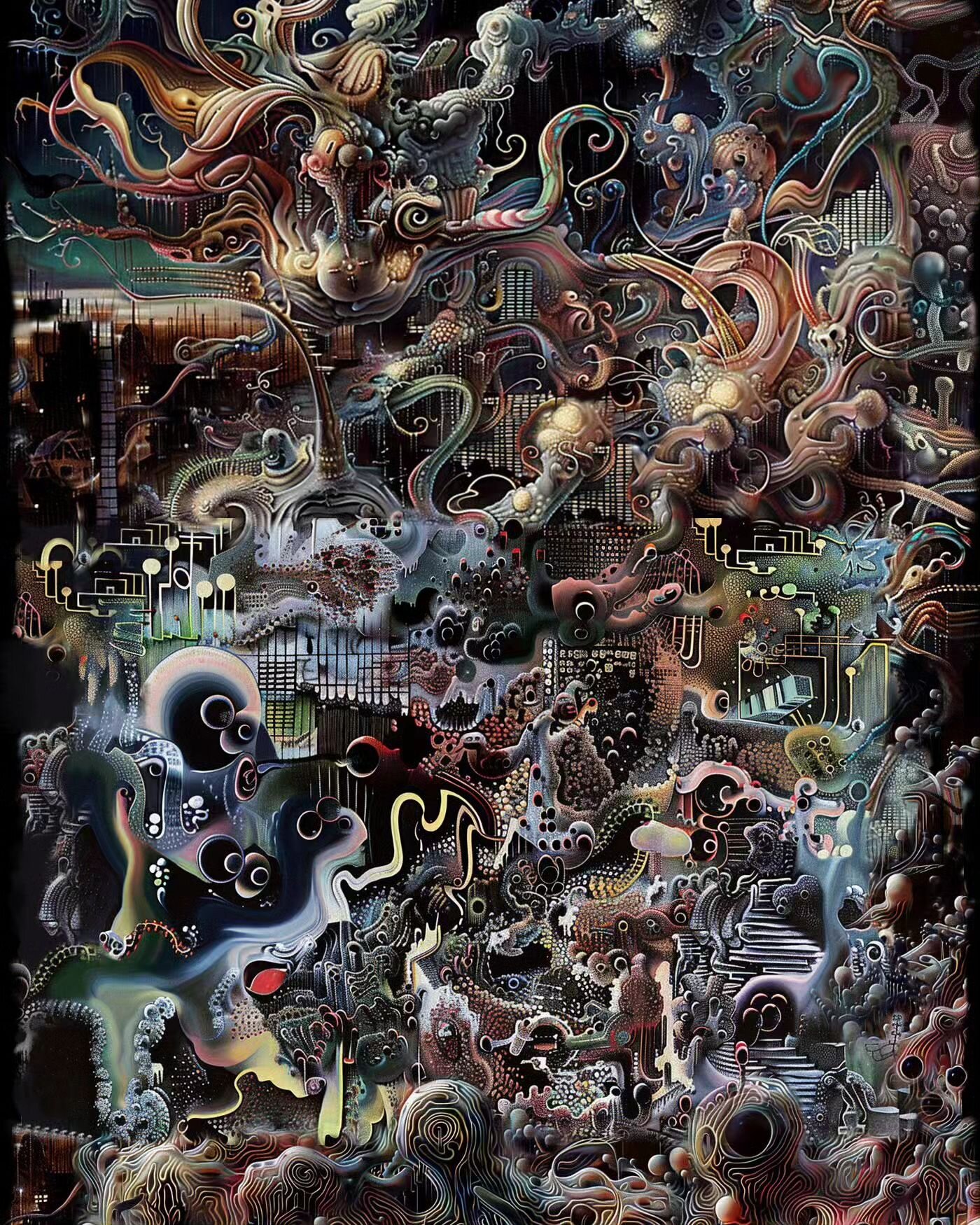 &quot;Turmoil of Joy&quot;
Had great fun making this digital collage/painting from blends of artworks from different stages of my artistic development using ai.
Minted as an nft on @withfoundation

#abstractsurrealism #abstactart #digitalart #aiart #