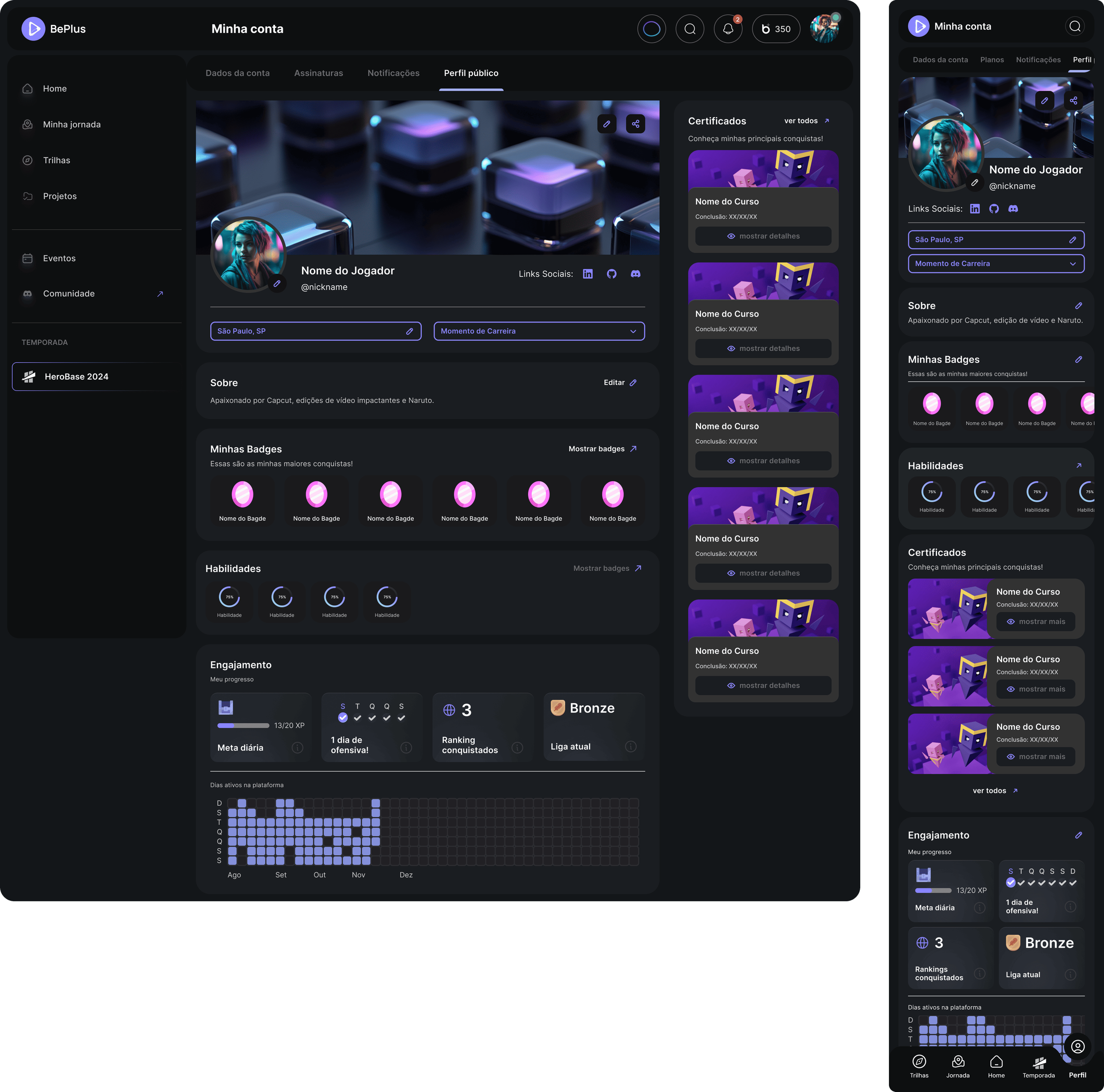 Screenshot of a dark-themed computer dashboard or profile page with various sections including personal information, skills, badges, and statistics, featuring a background of glowing geometric shapes.