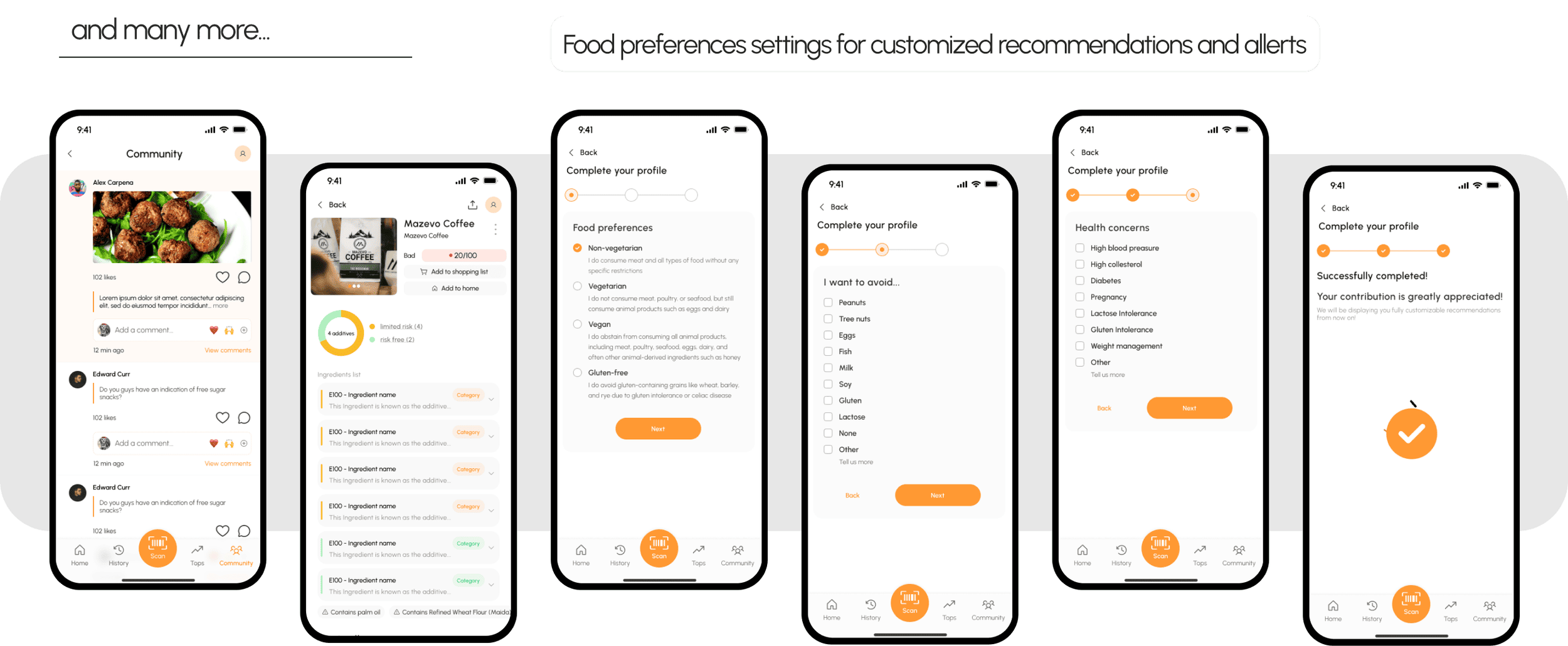 Screenshots of a mobile app interface showing community posts, a food tracking profile with dietary preferences, and a profile completion process including health concerns and contribution acknowledgment.
