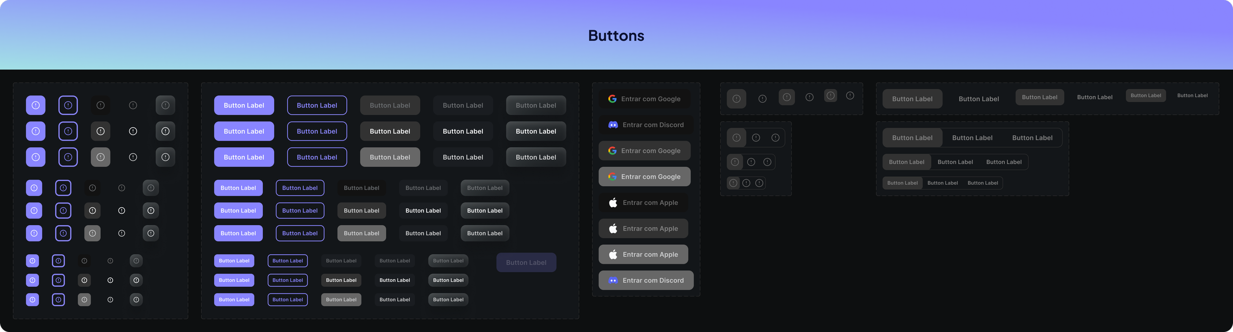 A digital interface with a gradient purple and blue background displaying various button design options, labels, and icons for Google, Discord, and Apple login options.