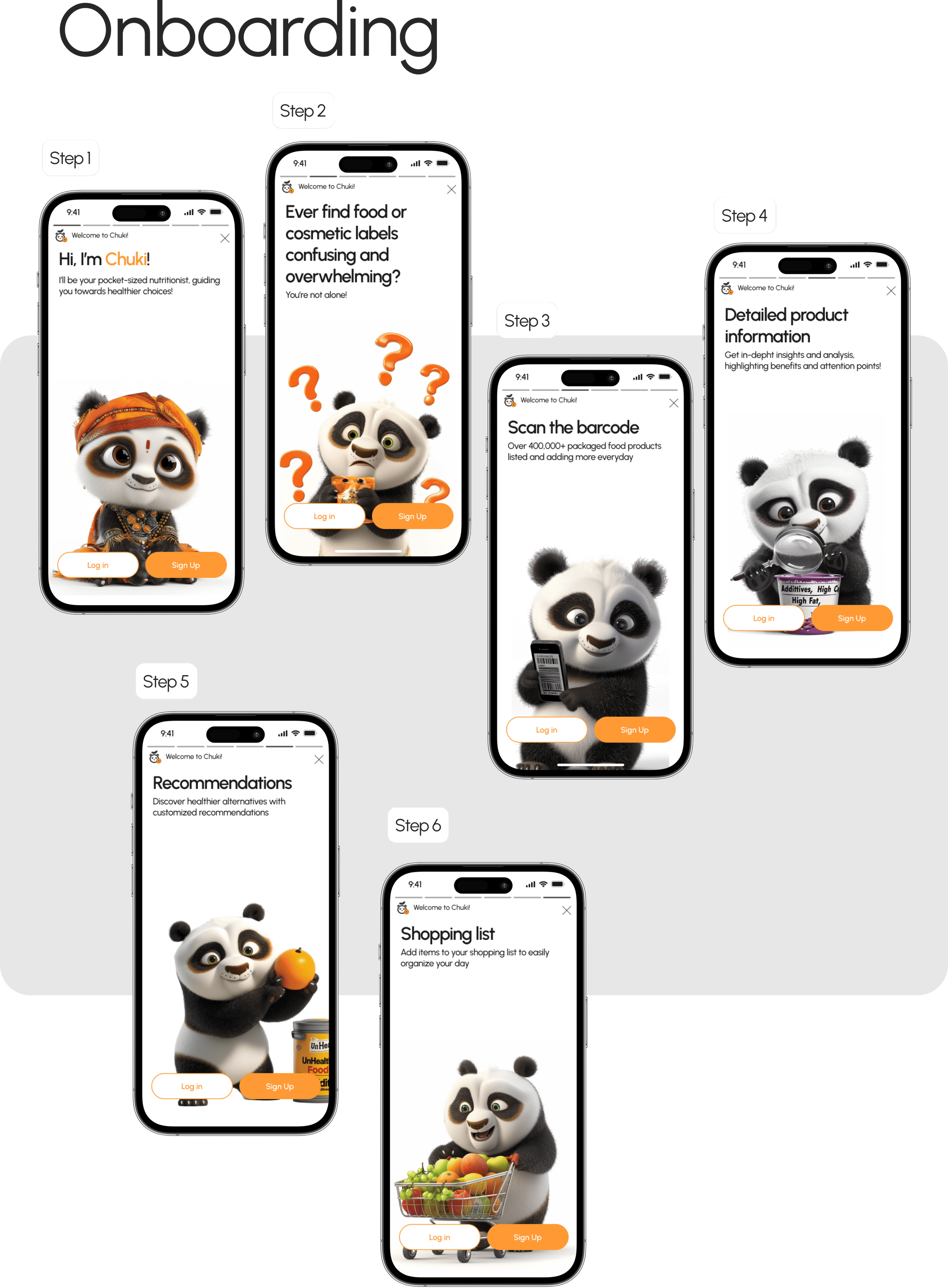 Guided app onboarding process featuring animated panda characters and instructions for scanning barcodes, viewing product information, and managing shopping lists.