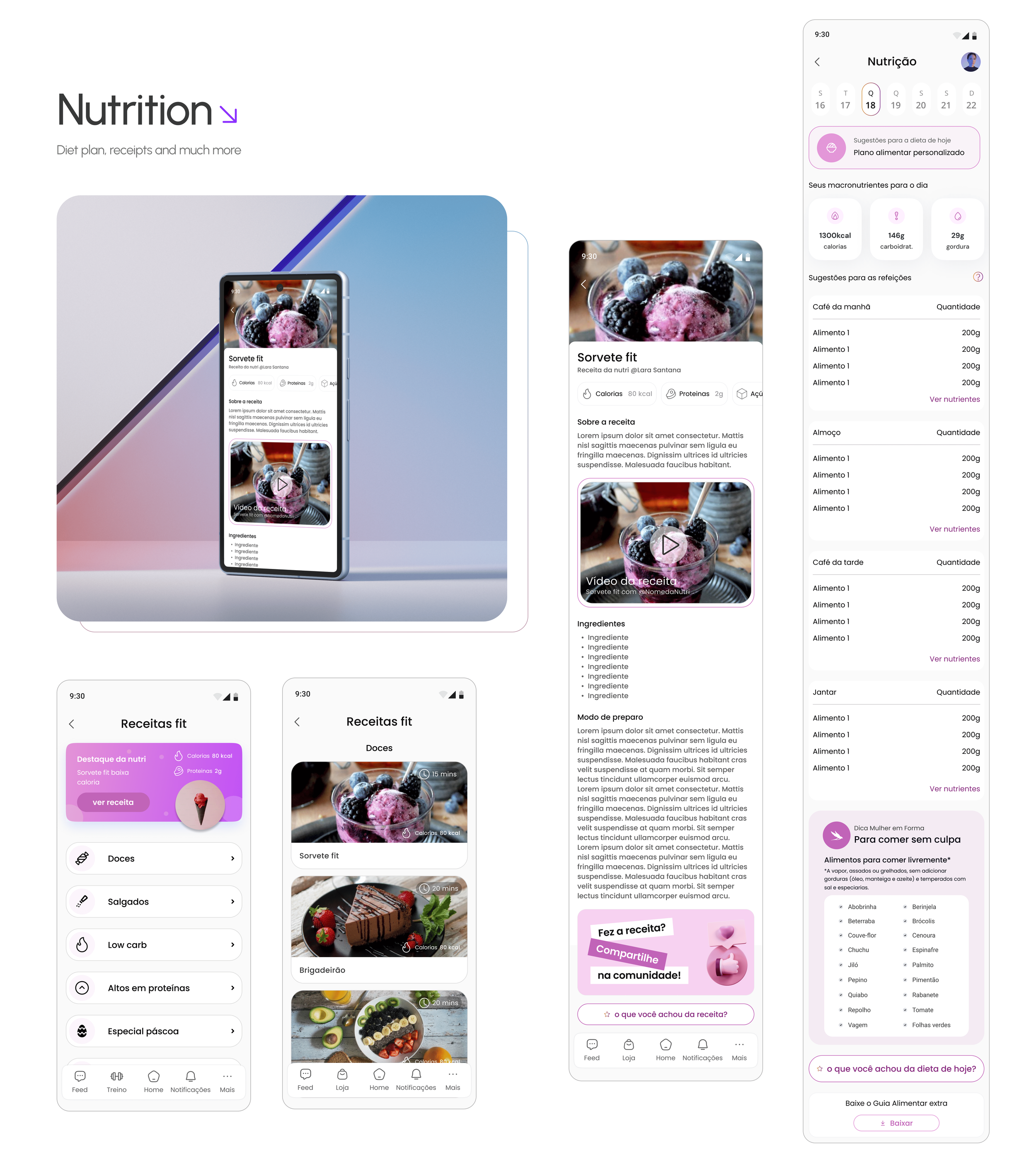 Multiple smartphone screens displaying a nutrition app with recipes, health tips, and food images in Portuguese.