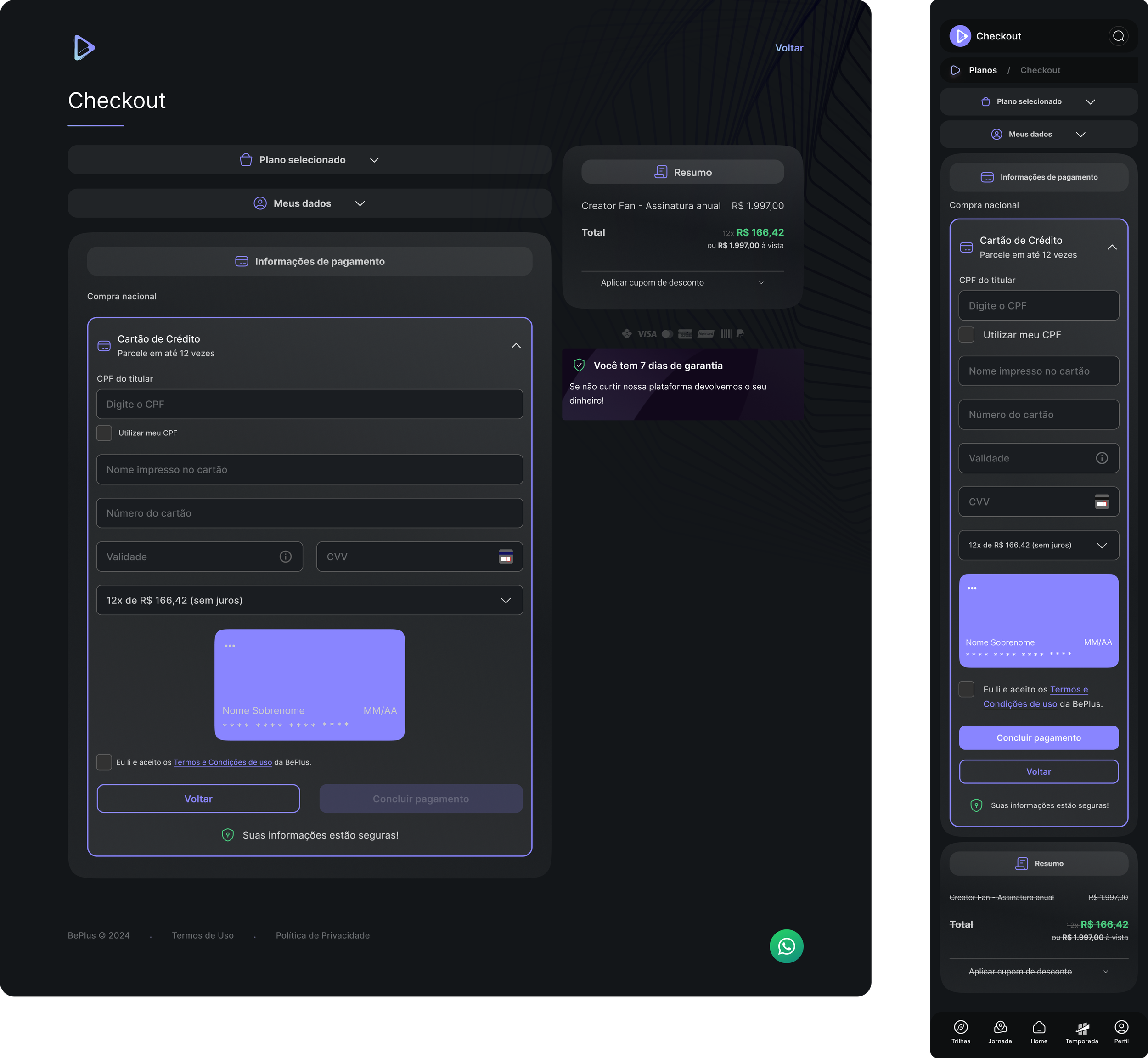 Screenshot of a checkout page on a website in Portuguese, showing sections for credit card information, payment summary, and a button to complete the payment, with a dark-themed background and purple accents.