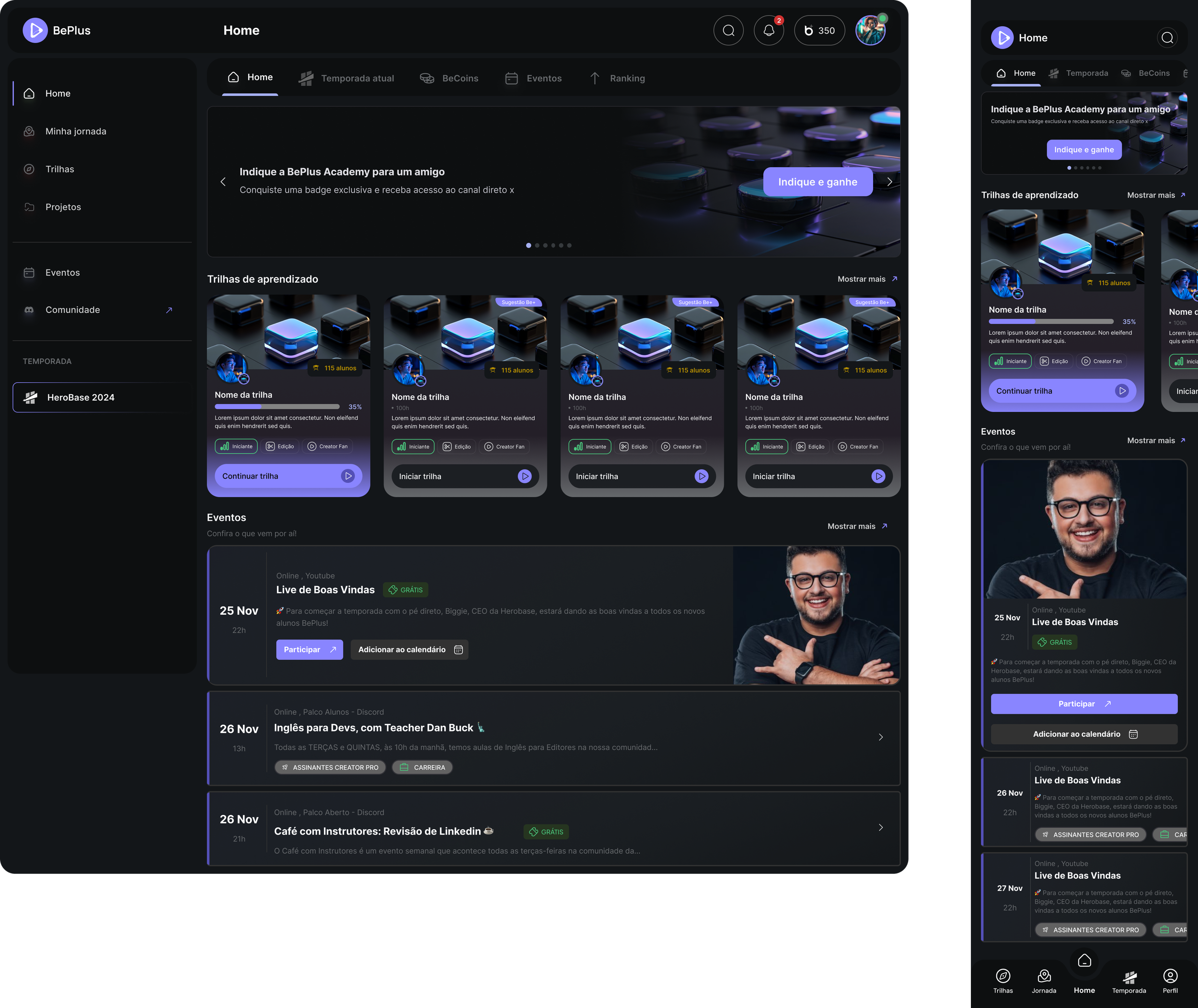 Screenshot of a dark-themed online platform home page with menu options on the left, a profile picture in the upper right corner, and various sections showing learning trails, events, and user info, including a smiling man wearing glasses and a dark 