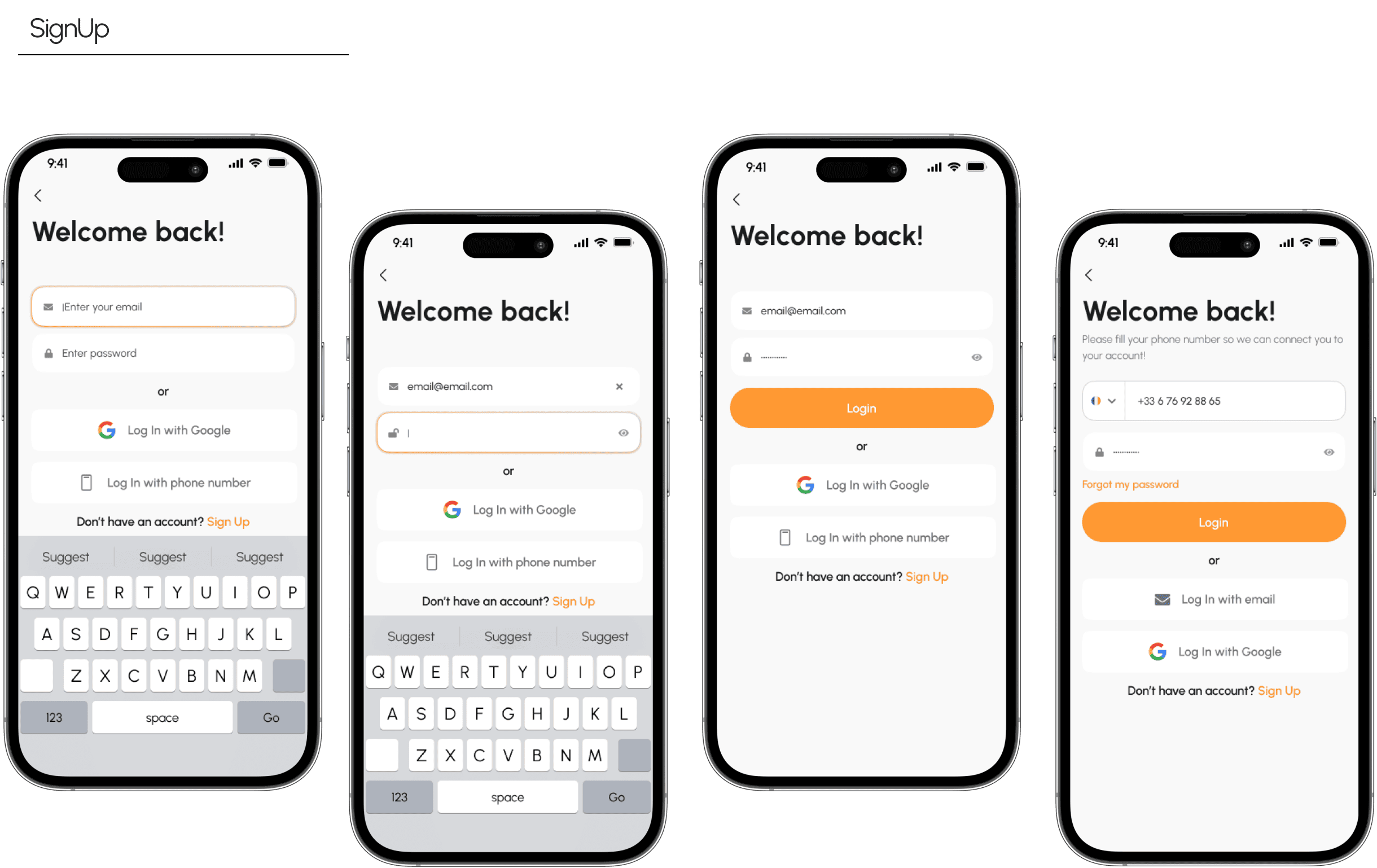 Screenshots of a mobile app login and sign-up screens featuring fields for email, password, phone number, with options for Google login and sign-up prompts. The screens are displayed on four different phones.