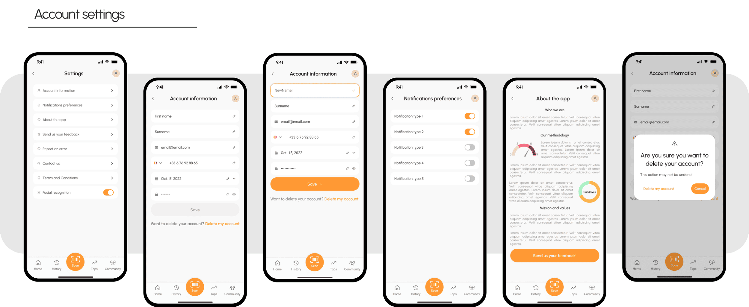 Screenshots of a mobile app interface displaying account settings, including profile information, notification preferences, about the app, and account deletion confirmation. The interface has a white background with orange accents and icons at the bo