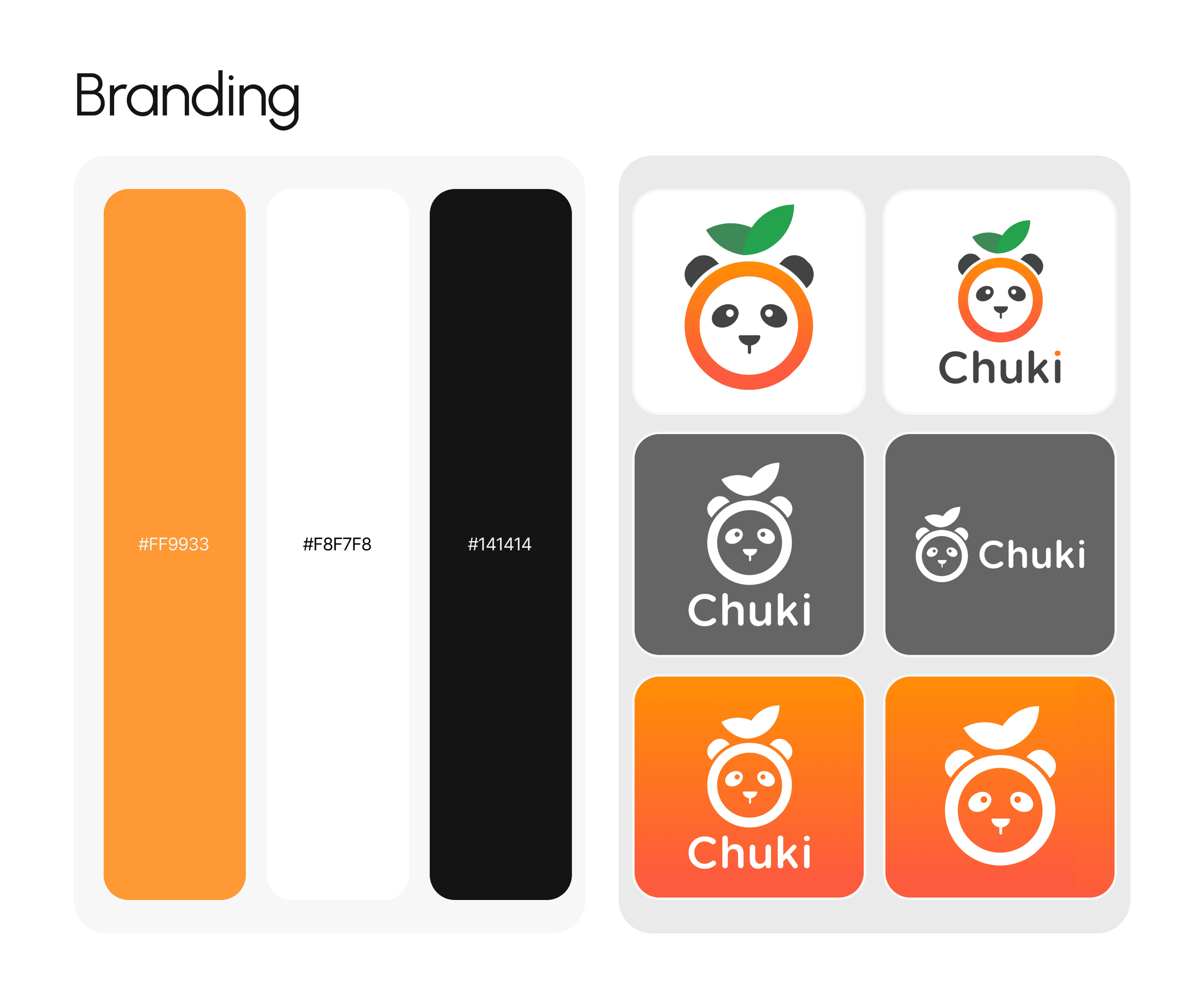 Color palette with orange, black, and white swatches and graphics of a panda face with leaves, labeled 'Chuki'.