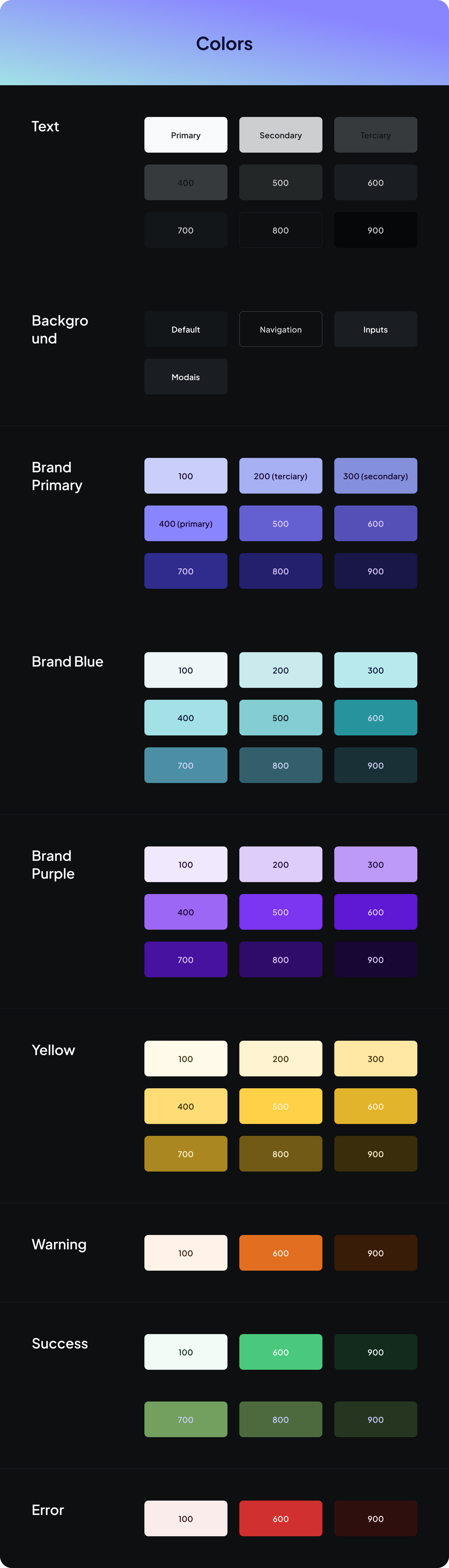Color palette chart with categories: Text, Background, Brand Primary, Brand Blue, Brand Purple, Yellow, Warning, Success, Error. Each category displays various shades with color codes.