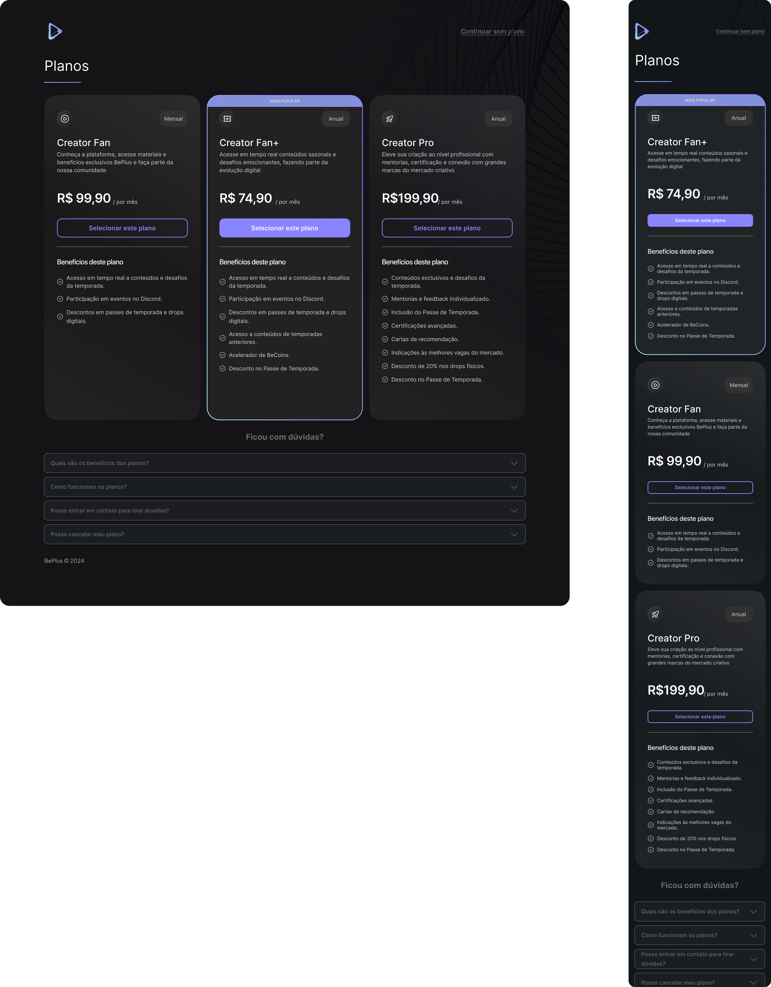 Screenshot of a webpage showing different subscription plans with titles, prices, and benefits in Portuguese. Plans include Creator Fan, Creator Fan+, and Creator Pro, with a dark background and blue highlights.