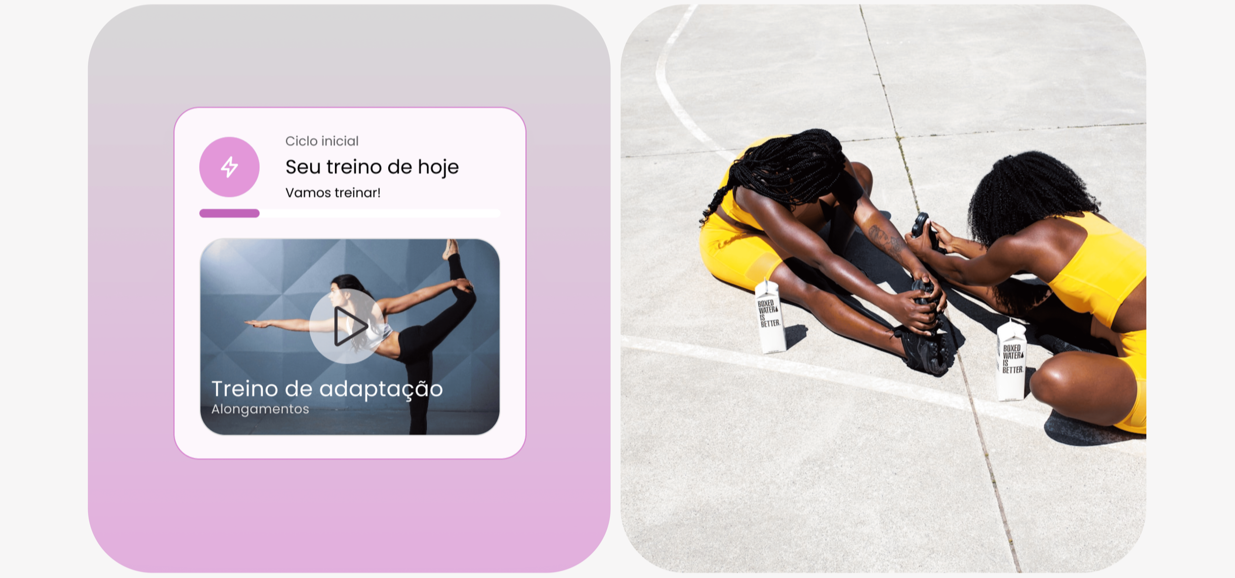 Two women in yellow workout outfits stretching on an outdoor concrete court, with water bottles nearby, while a screenshot of a workout app with English and Portuguese text about training is displayed on the left.