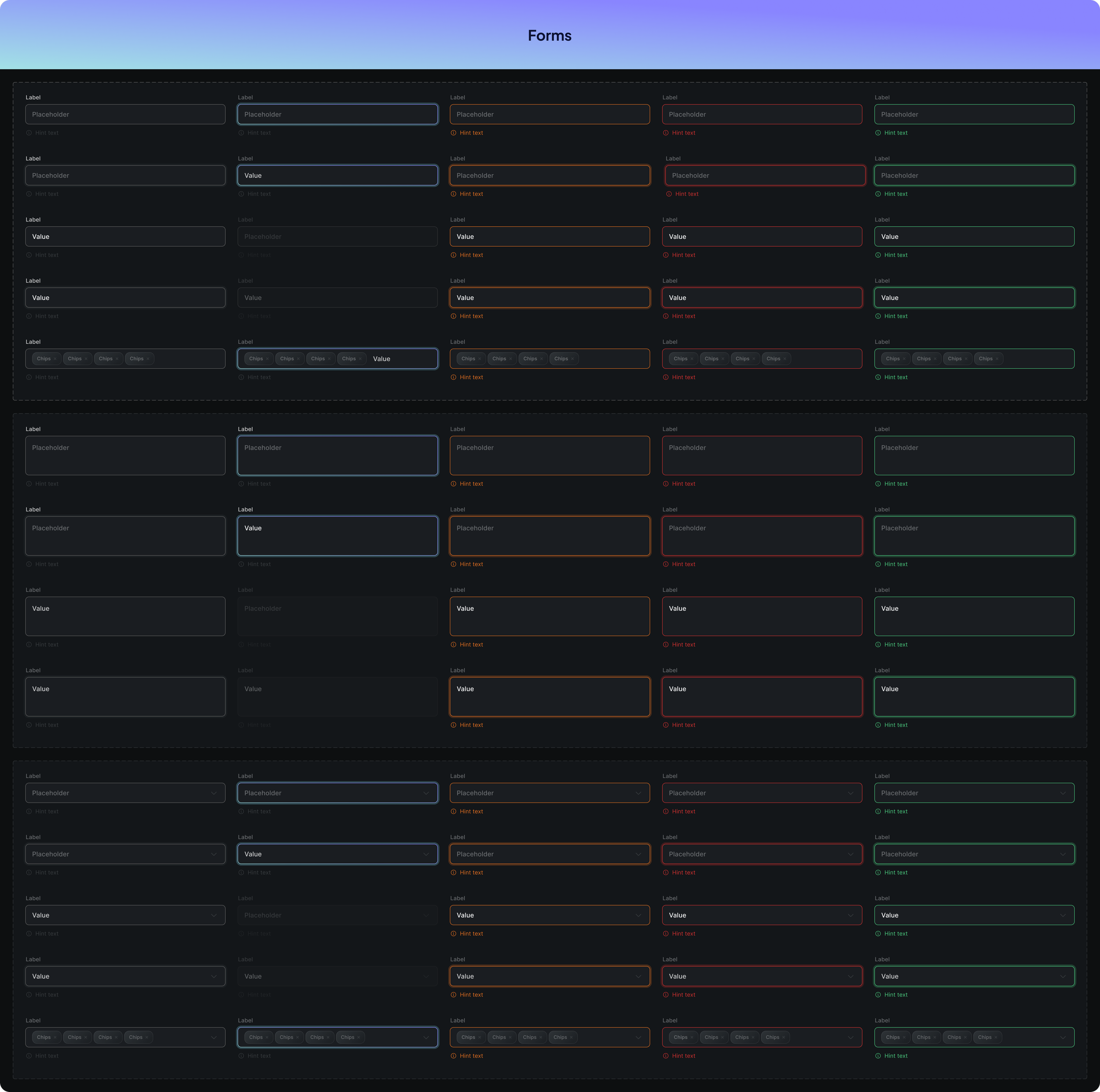 Screenshot of a digital form with multiple columns of labeled placeholder text fields, some with 'Value' and others with 'Chips'. The background gradient transitions from purple at the top to black at the bottom, with a section titled 'Forms' at the 