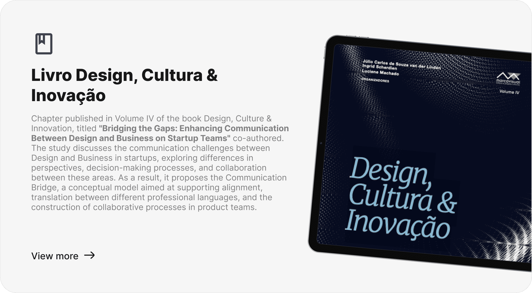 Capa do livro Design, Cultura & Inovação, Volume IV, publicação que inclui o capítulo “Bridging the Gaps: Enhancing Communication Between Design and Business on Startup Teams”.