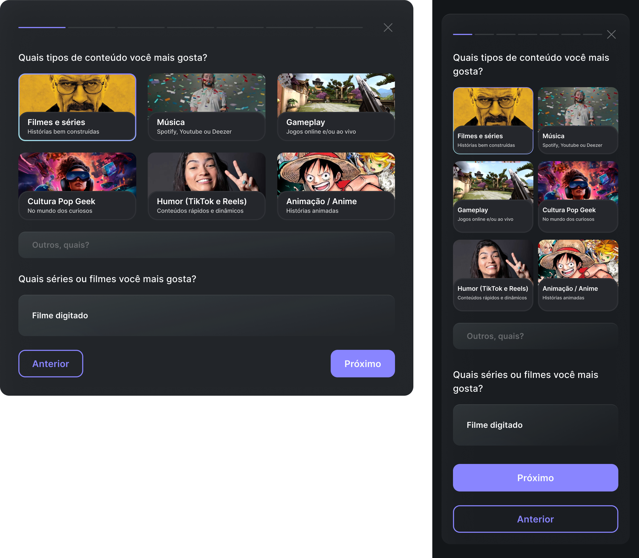 Computer screen displaying survey questions in Portuguese about preferred content types, with options for movies and series, music, gameplay, pop culture, humor, animation, and digital movies, with navigation buttons labeled 'Anterior' and 'Próximo'.