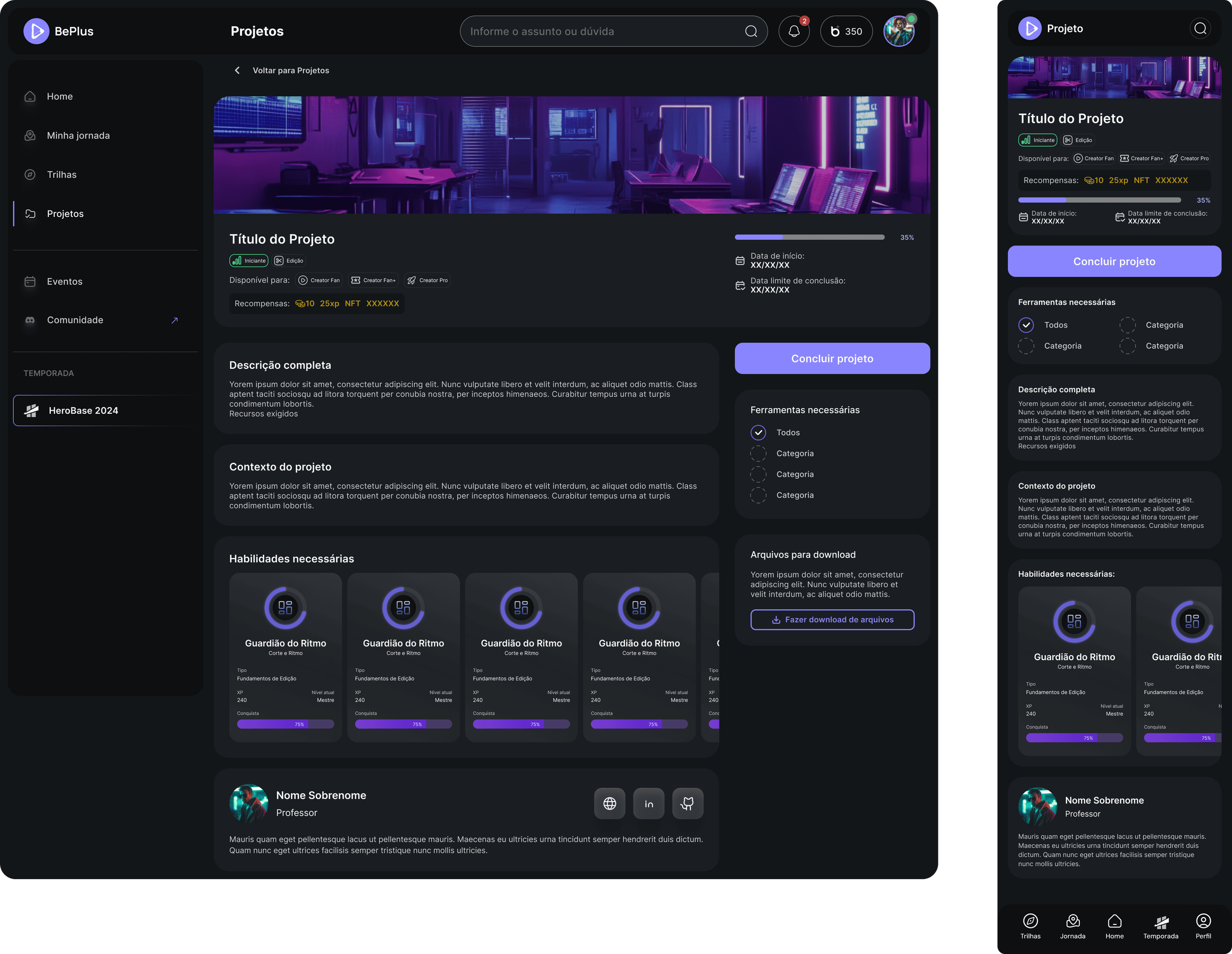 A digital screenshot of a project management or collaboration app showing a dark-themed interface with various project details, progress bars, and a neon-lit room image at the top.