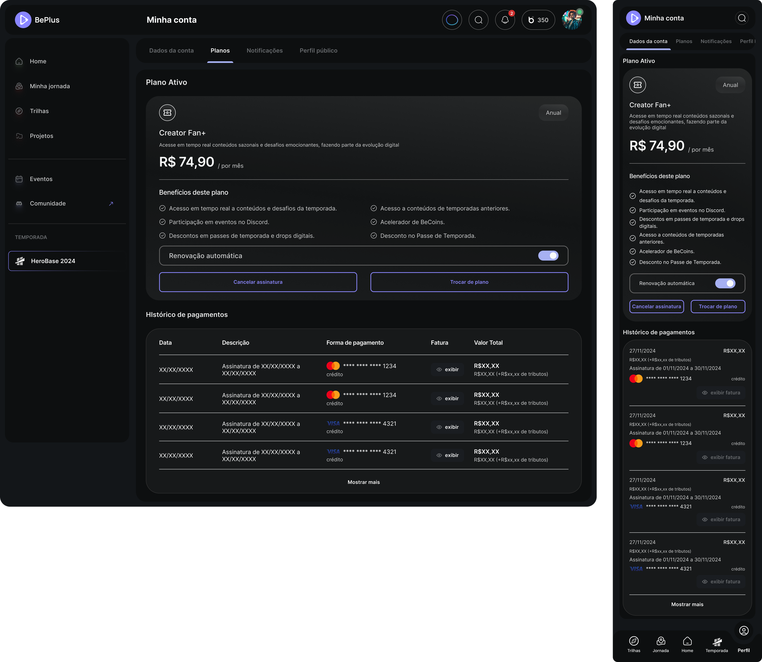 Screenshot of a digital banking or payment platform in dark mode, showing account details, subscription plan for Creator Fan+, payment history, and options to cancel or swap plans.