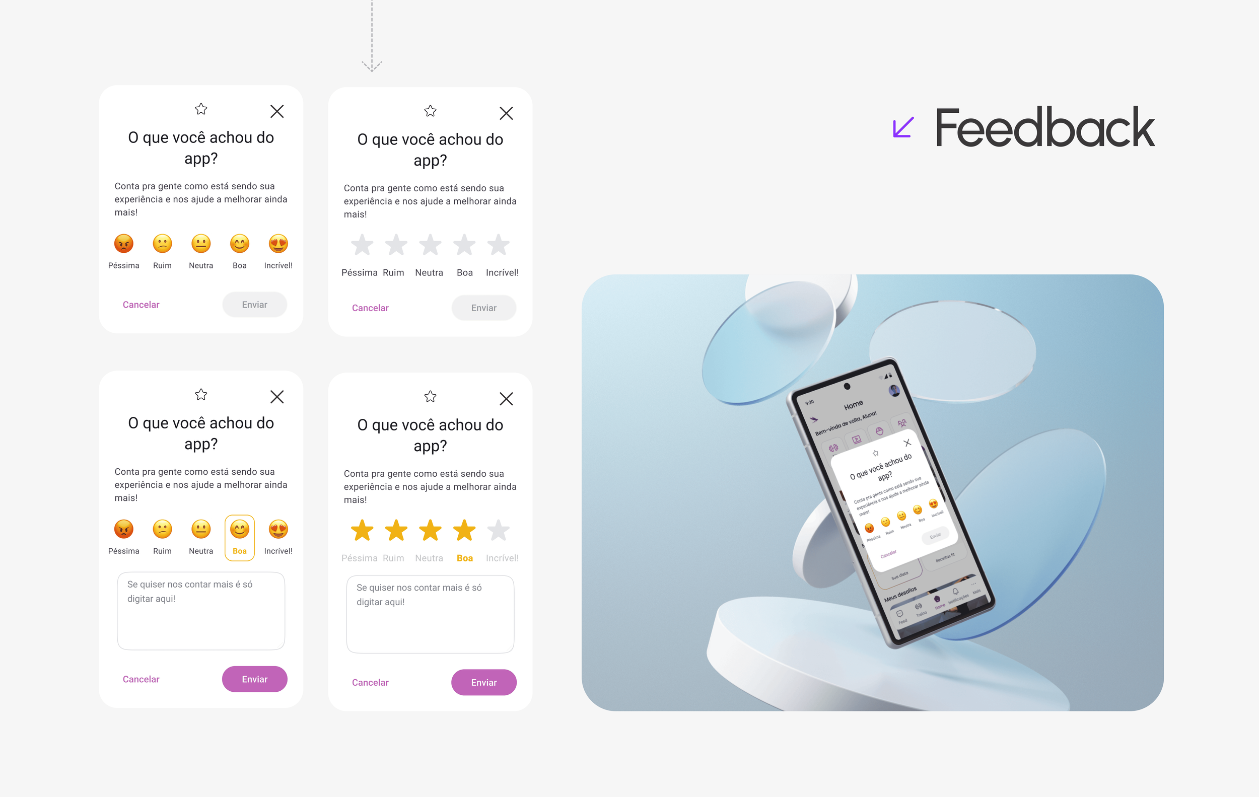 Screenshot of a mobile app feedback form in Portuguese asking users how they found the app, with options for rating smiley faces and emojis, and buttons for canceling or submitting.