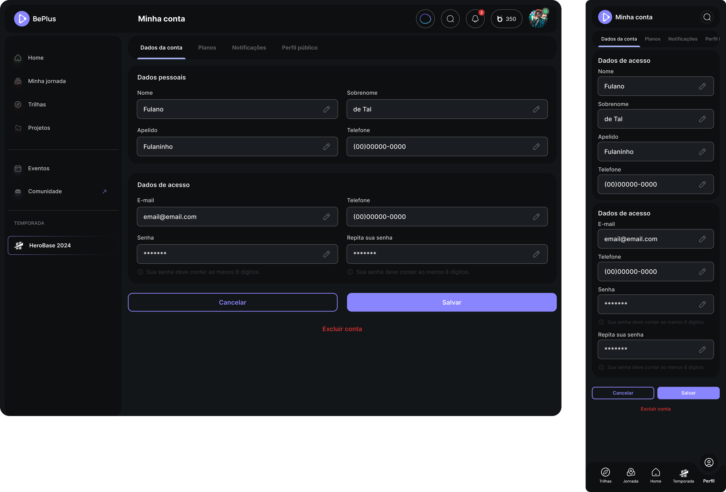 Screenshot of a dark-themed user profile page with personal details fields filled in, including name, surname, phone, email, and password, with options to save, cancel, or delete the account.