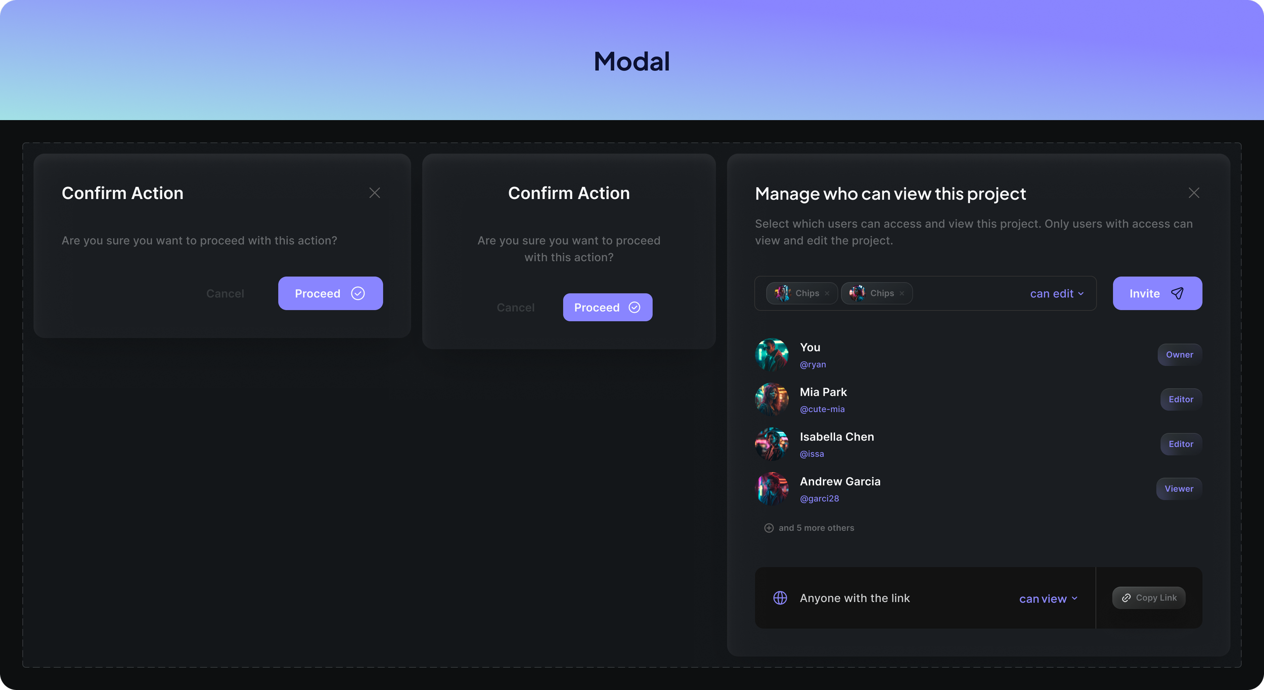 Screenshot of a digital project management interface with options to confirm actions, manage user access, and view project members, set against a dark background with purple accents and a gradient header labeled 'Modal'.