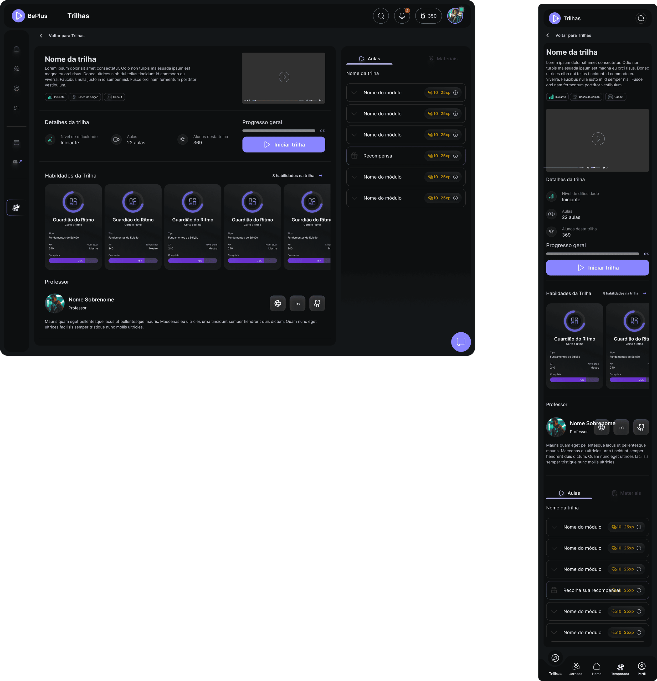 Screenshot of a dark-themed educational or training platform with menu options and course details, in Portuguese, including sections for course name, module, skills, and progress, displayed on both desktop and mobile views.