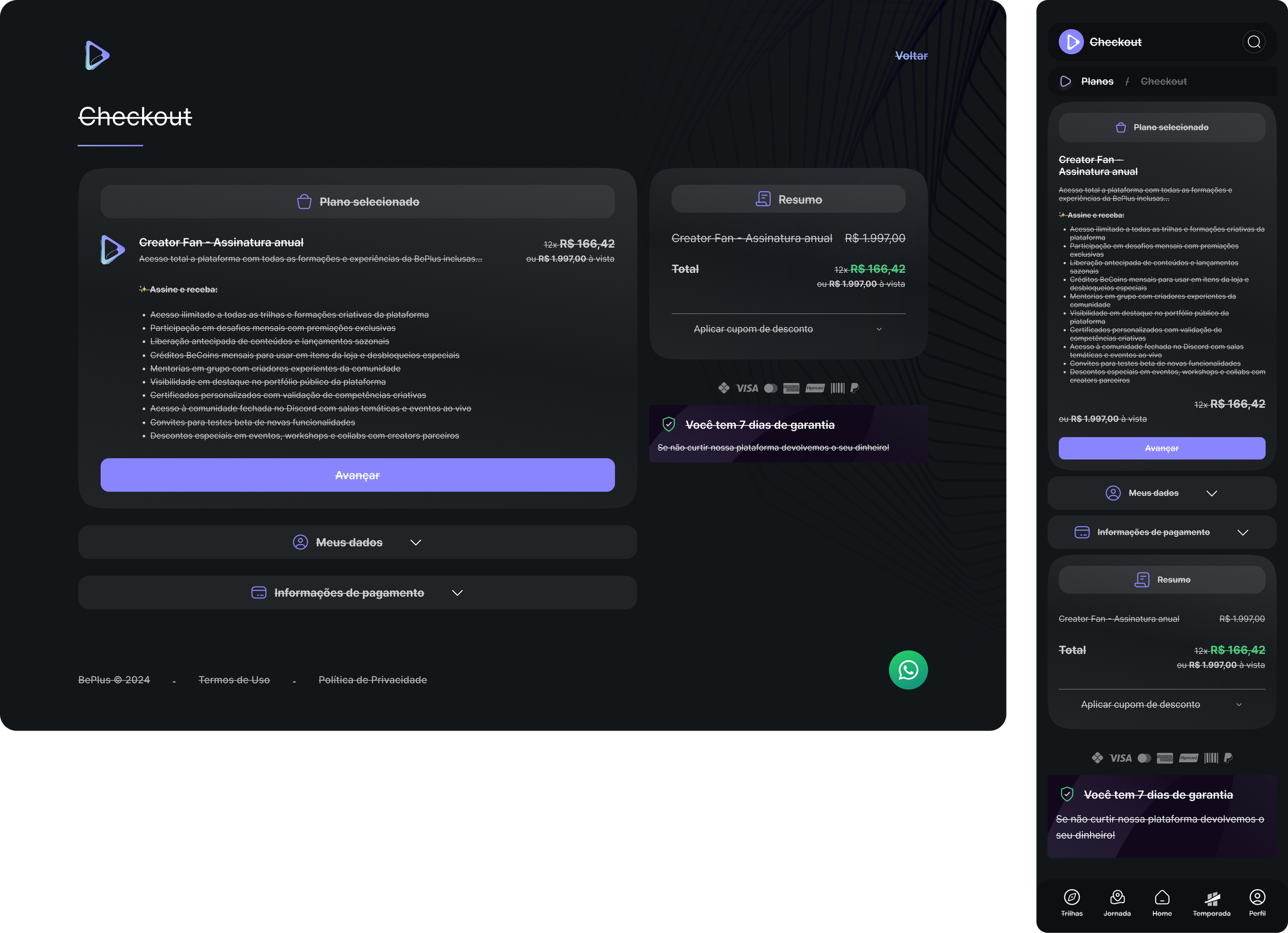 A digital checkout page with dark background, showing a selected plan named "Creator Fan," its price, a summary of the plan's features, a discount application section, a total price, and a purple "Next" button. There are also various navigation and i