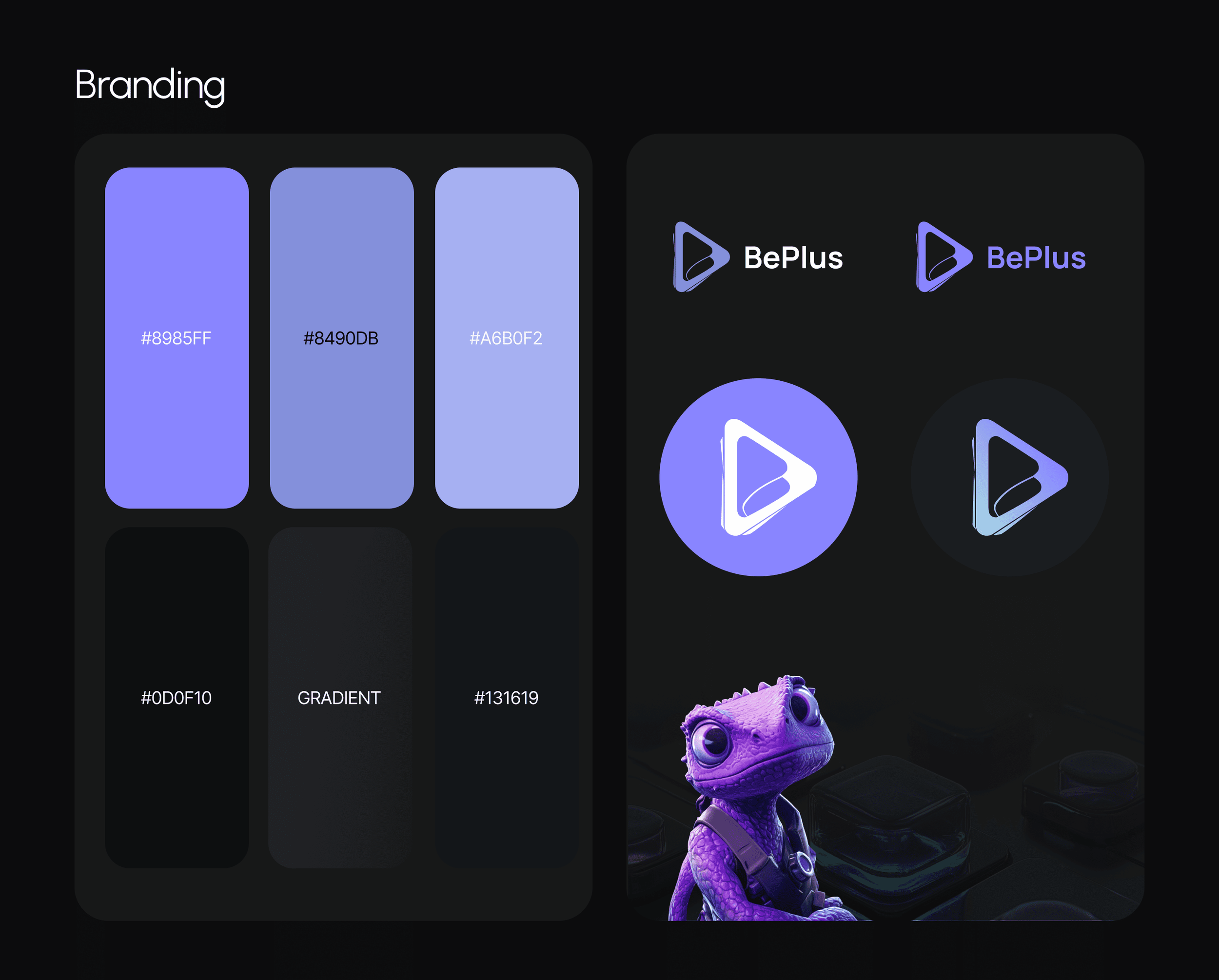 A digital interface showing branding elements, color palette, and a purple dinosaur with large eyes and a harness.