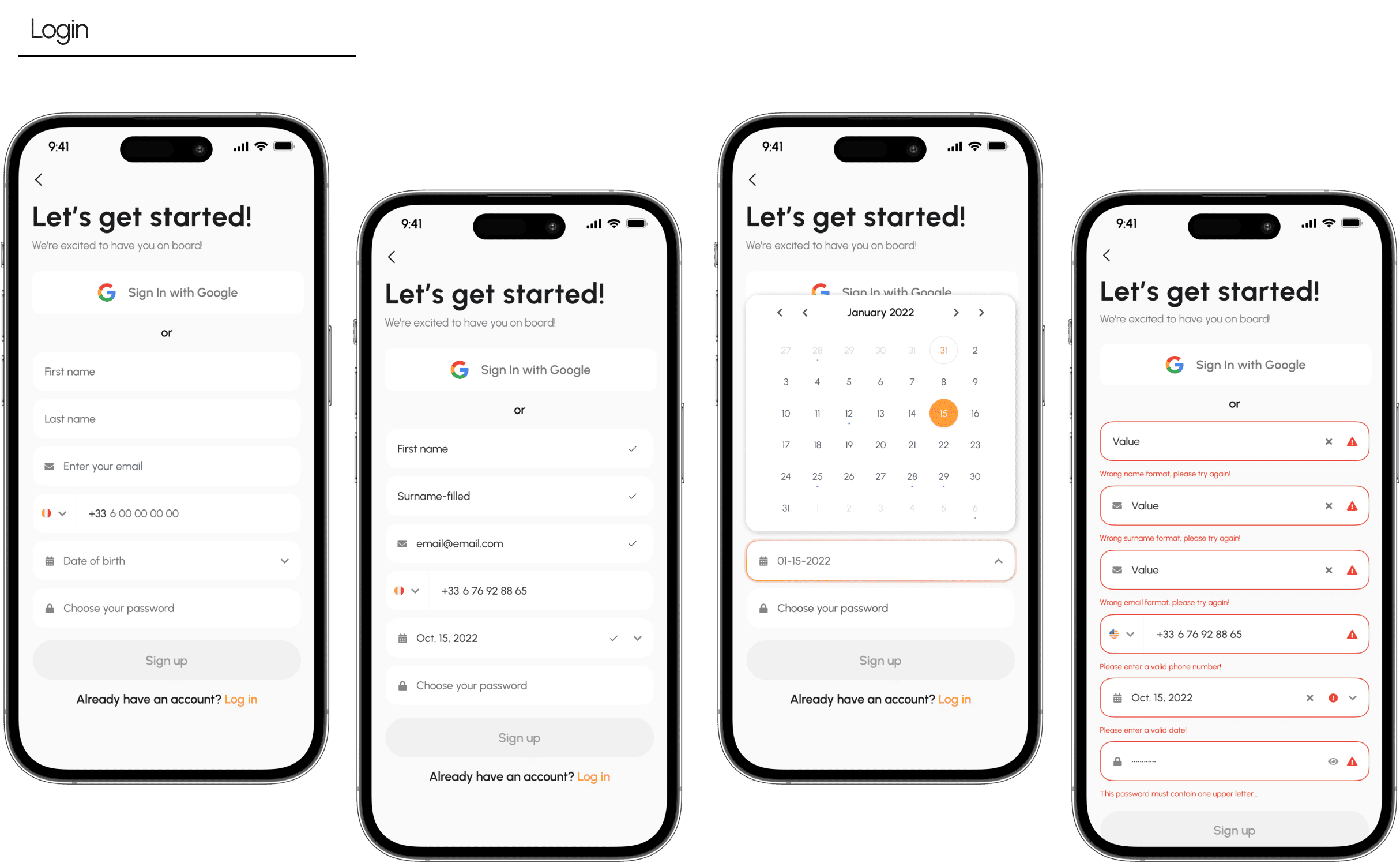 Four iPhones displaying a sign-up process on a mobile app, with screens showing Google sign-in, personal information fields, a calendar date selection, and error messages.