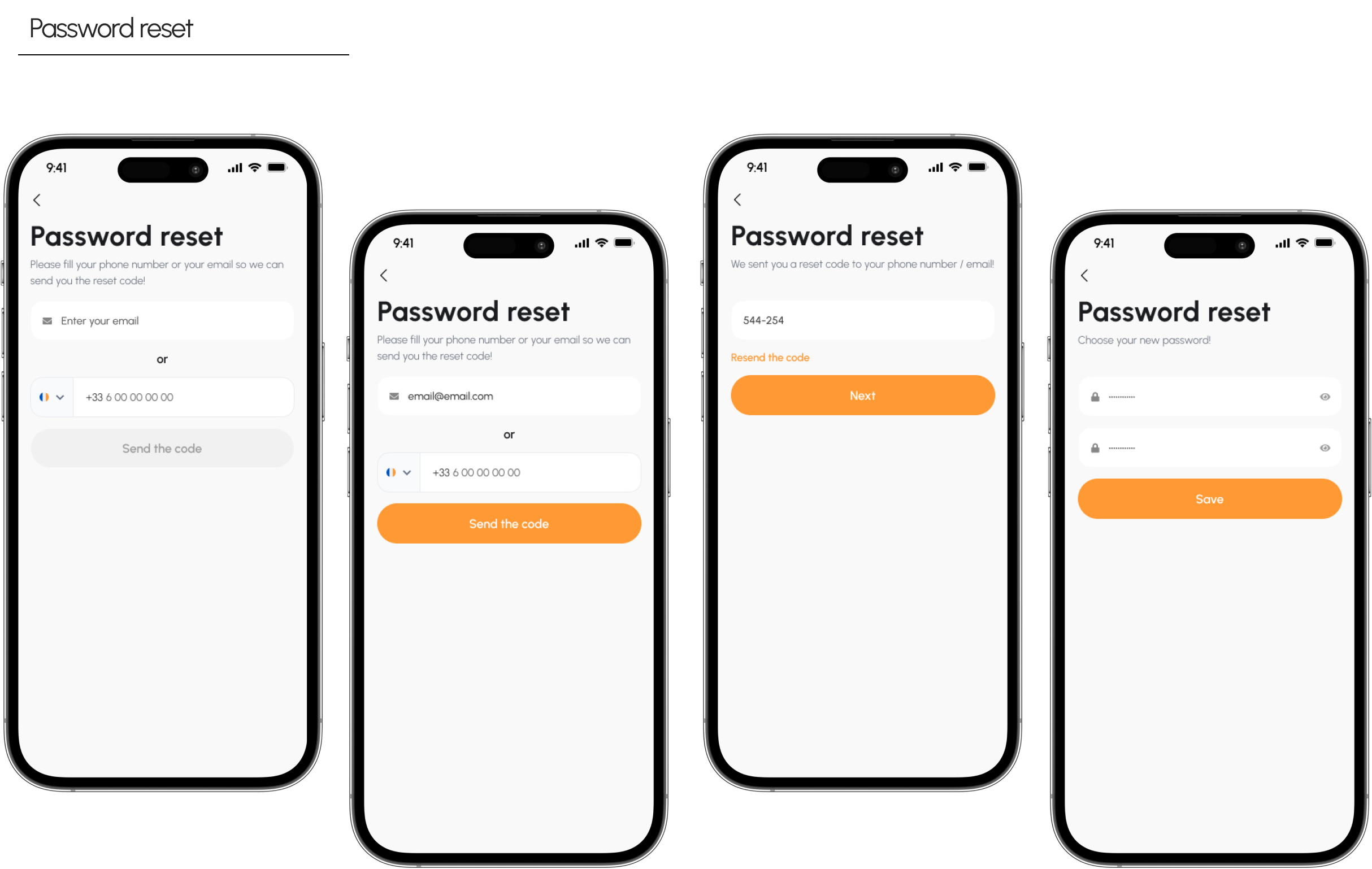Screenshots of a mobile app interface for password reset process, showing steps to enter email or phone number, receive a reset code, and set a new password.