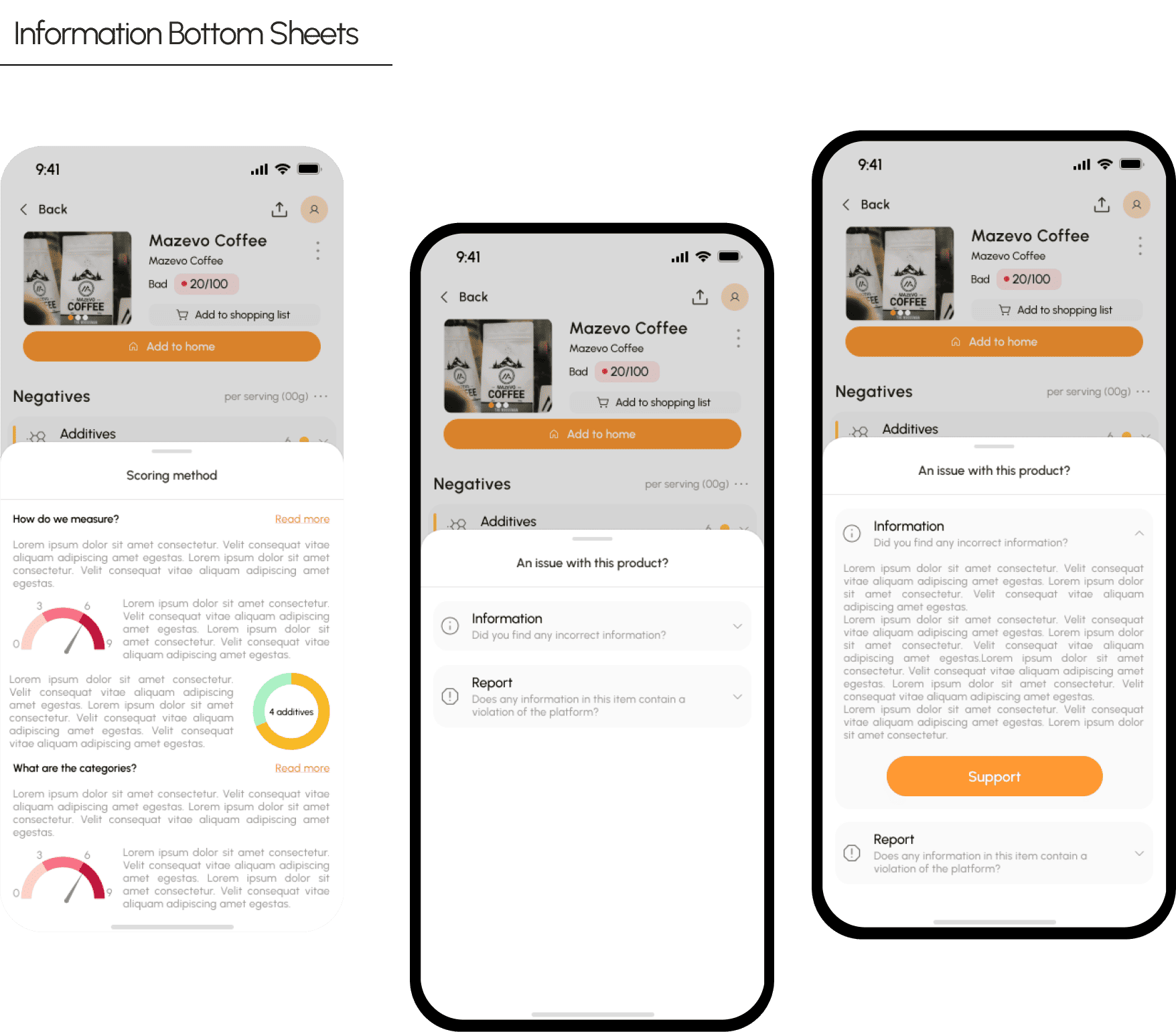 Three smartphone screens showing a mobile app interface for a coffee product review. The app displays product images, a score of 20 out of 100, options to add to shopping list, and sections for negatives, categories, and issue reporting with explanat