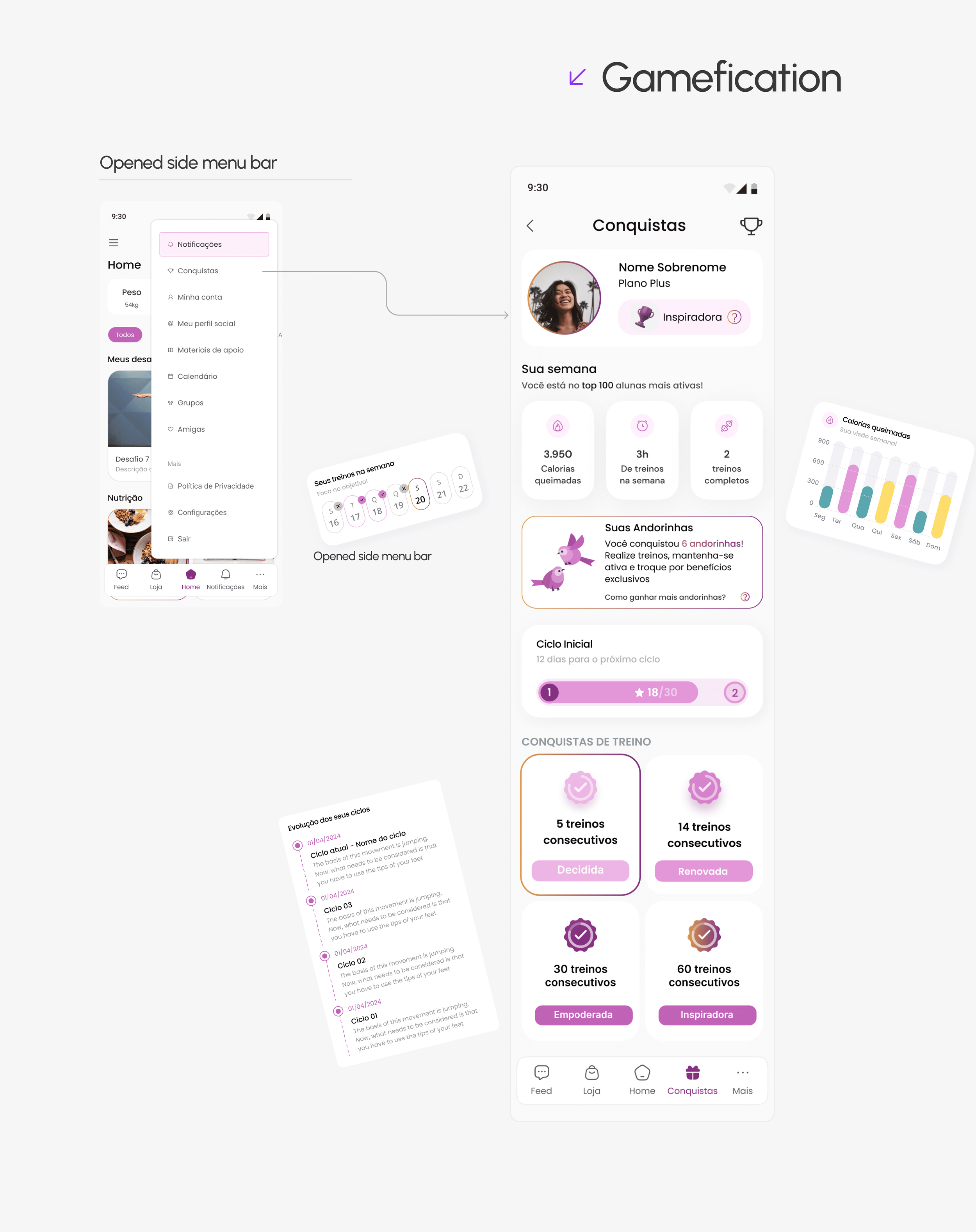 A digital mockup of a mobile application interface featuring a side menu and a main screen. The side menu on the left shows options such as Home, Notificações, Conquistas, Minha conta, Meu perfil social, Materiais de apoio, Calendário, Grupos, Amigas