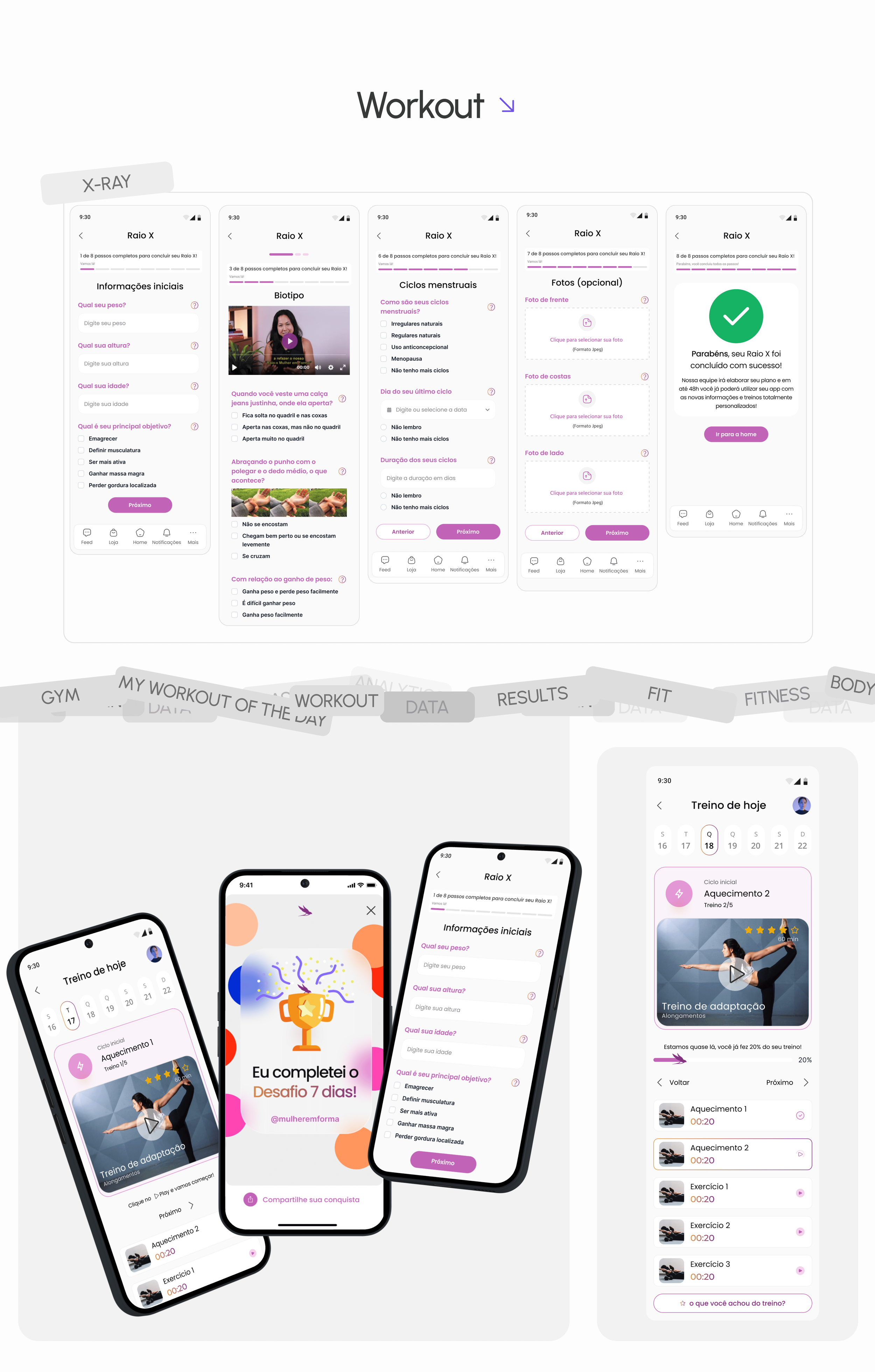 Series of mobile app screenshots showcasing a fitness and workout tracking app, with features like initial questionnaire, workout plans, progress tracking, and motivational messages.