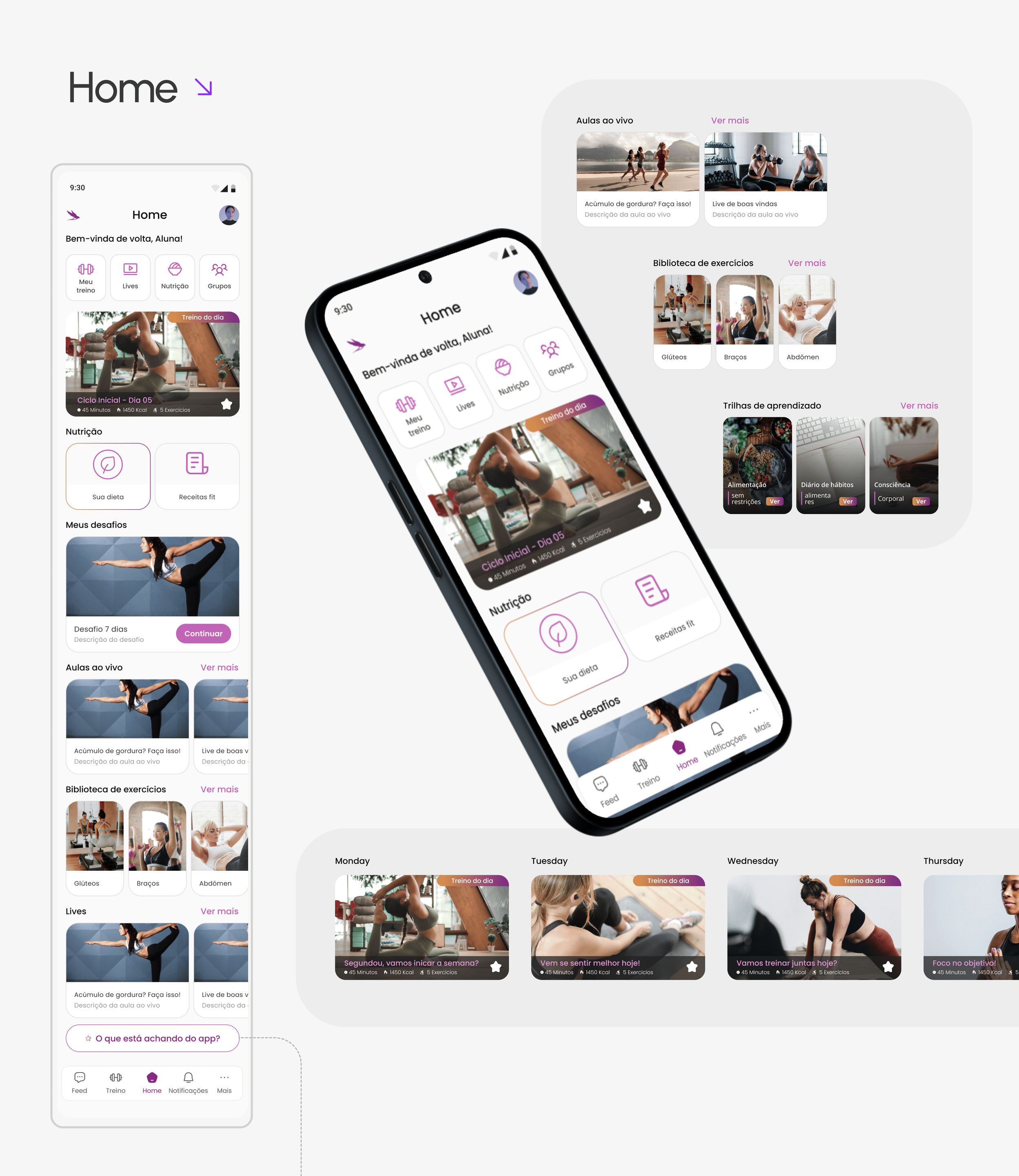 Screenshots of a mobile fitness app in Portuguese featuring workout plans, exercise libraries, live classes, and motivational content, displayed on a smartphone and a computer screen.