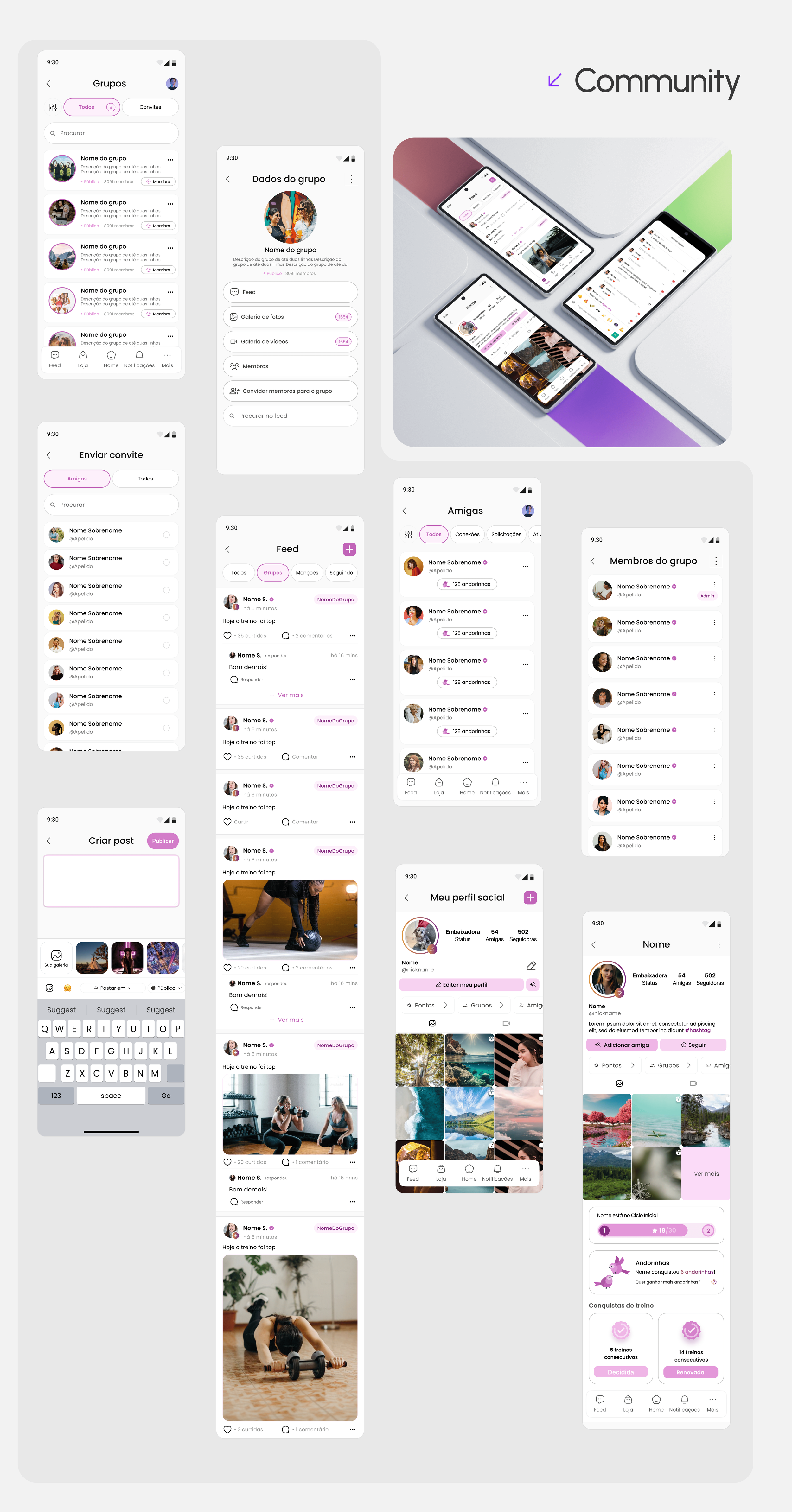 A collage of various social media app interfaces displaying groups, friends, posts, and profile pages.