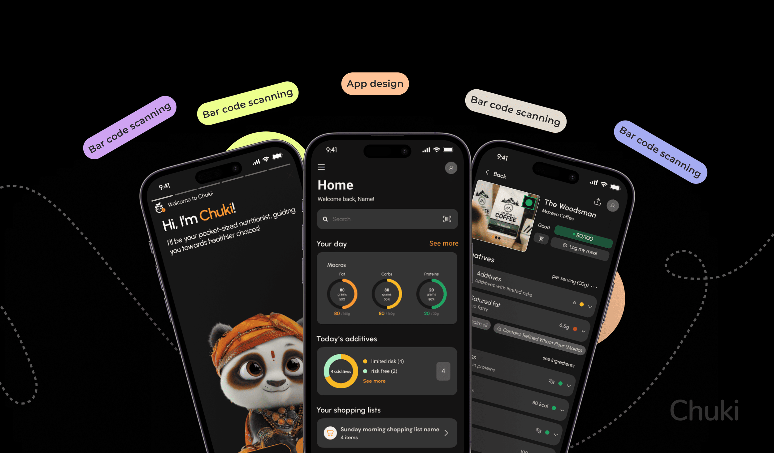 Three smartphones displaying health and nutrition app interface, surrounded by colorful speech bubbles with 'Bar code scanning' text, against a black background.