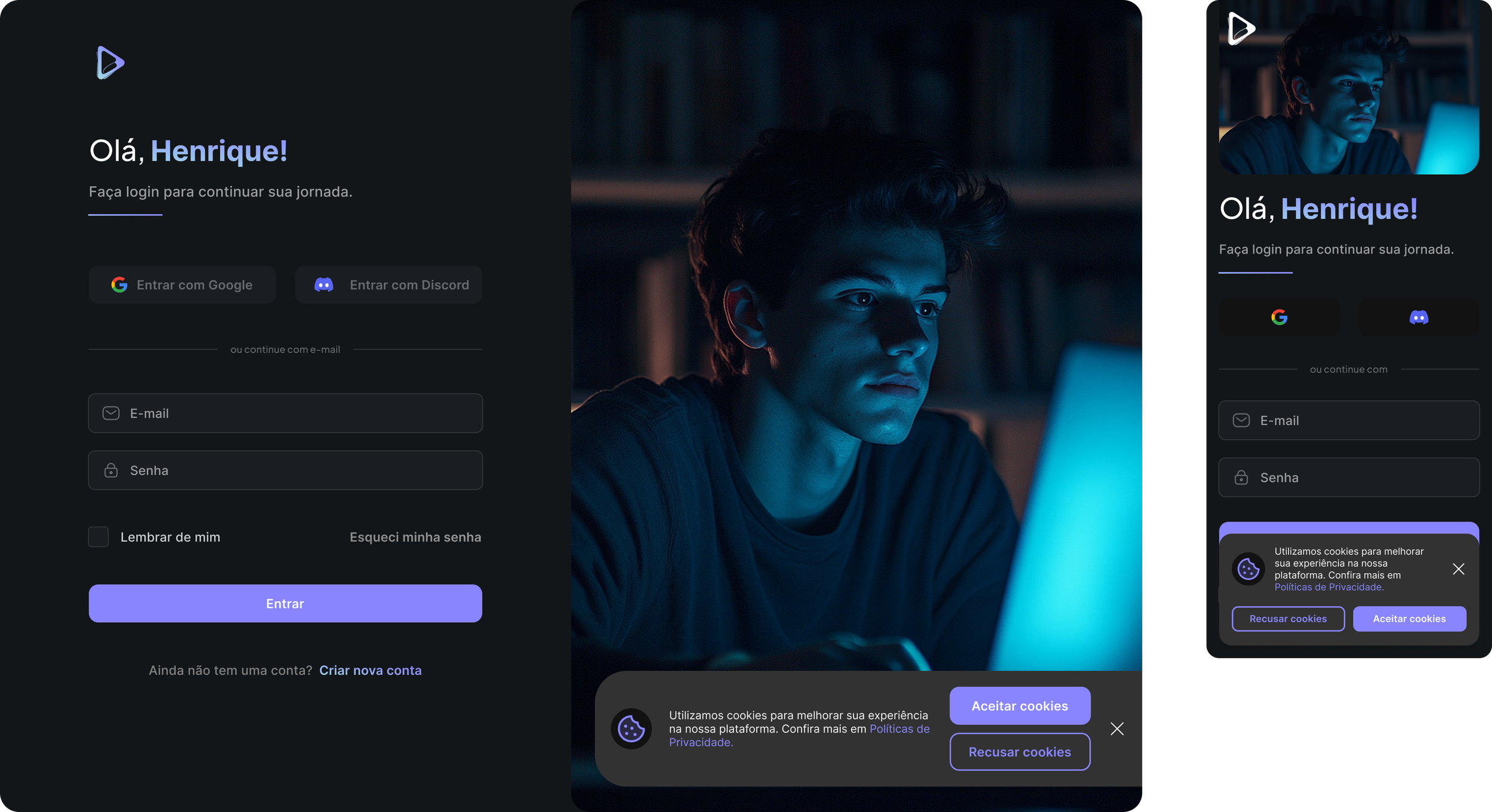 A login screen with a dark theme featuring a young man with curly hair illuminated by the glow of a laptop, with a background of bookshelves. The screen includes login options with buttons for Google and Discord, email and password fields, and cookie