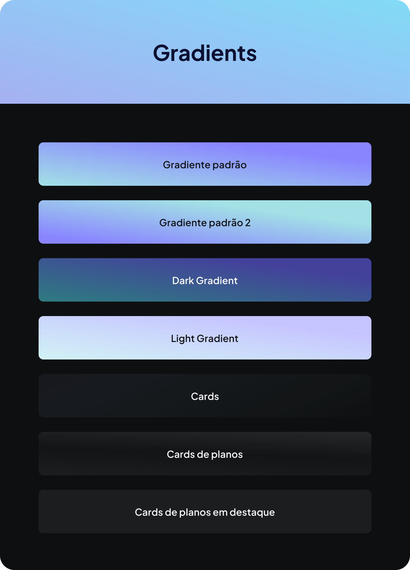 Screenshot of a user interface displaying various gradient styles, including standard gradient, gradient 2, dark gradient, light gradient, cards, flat cards, and highlighted flat cards.
