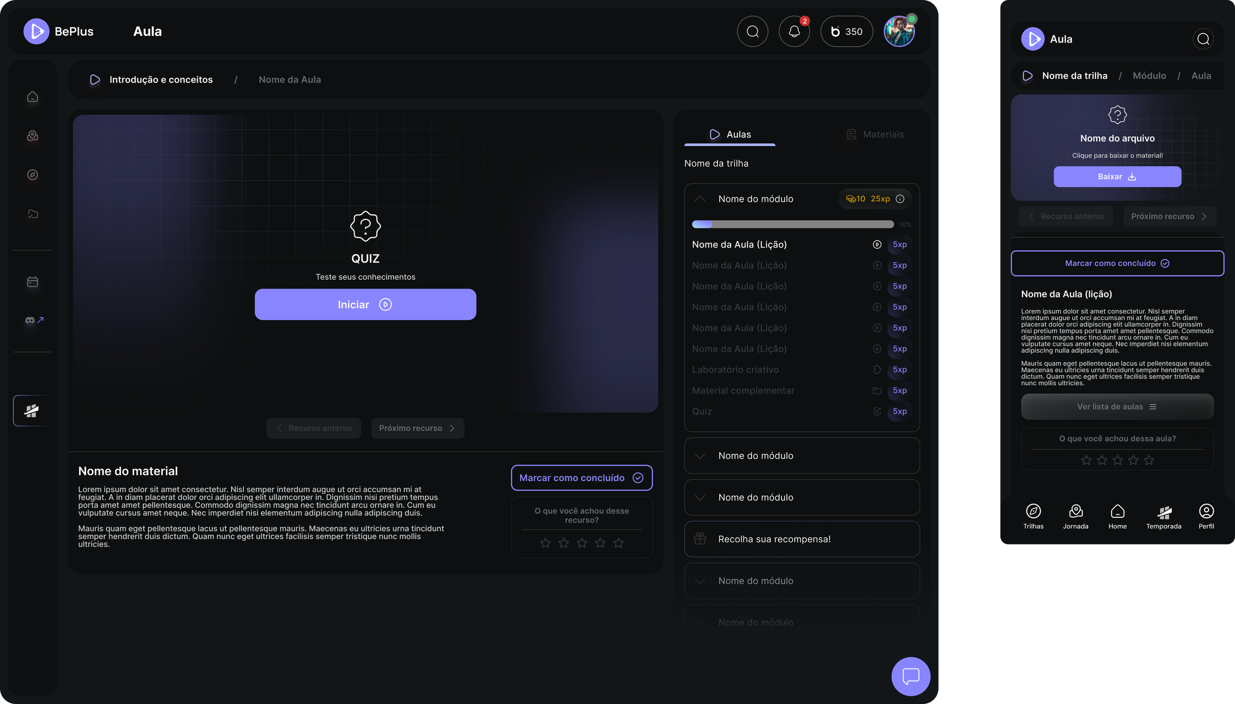 Screenshot of a dark-themed online learning platform interface with a quiz module in the center, featuring a purple 'Iniciar' button for starting the quiz, various menu options on the left sidebar, progress bars, and sections for course information a