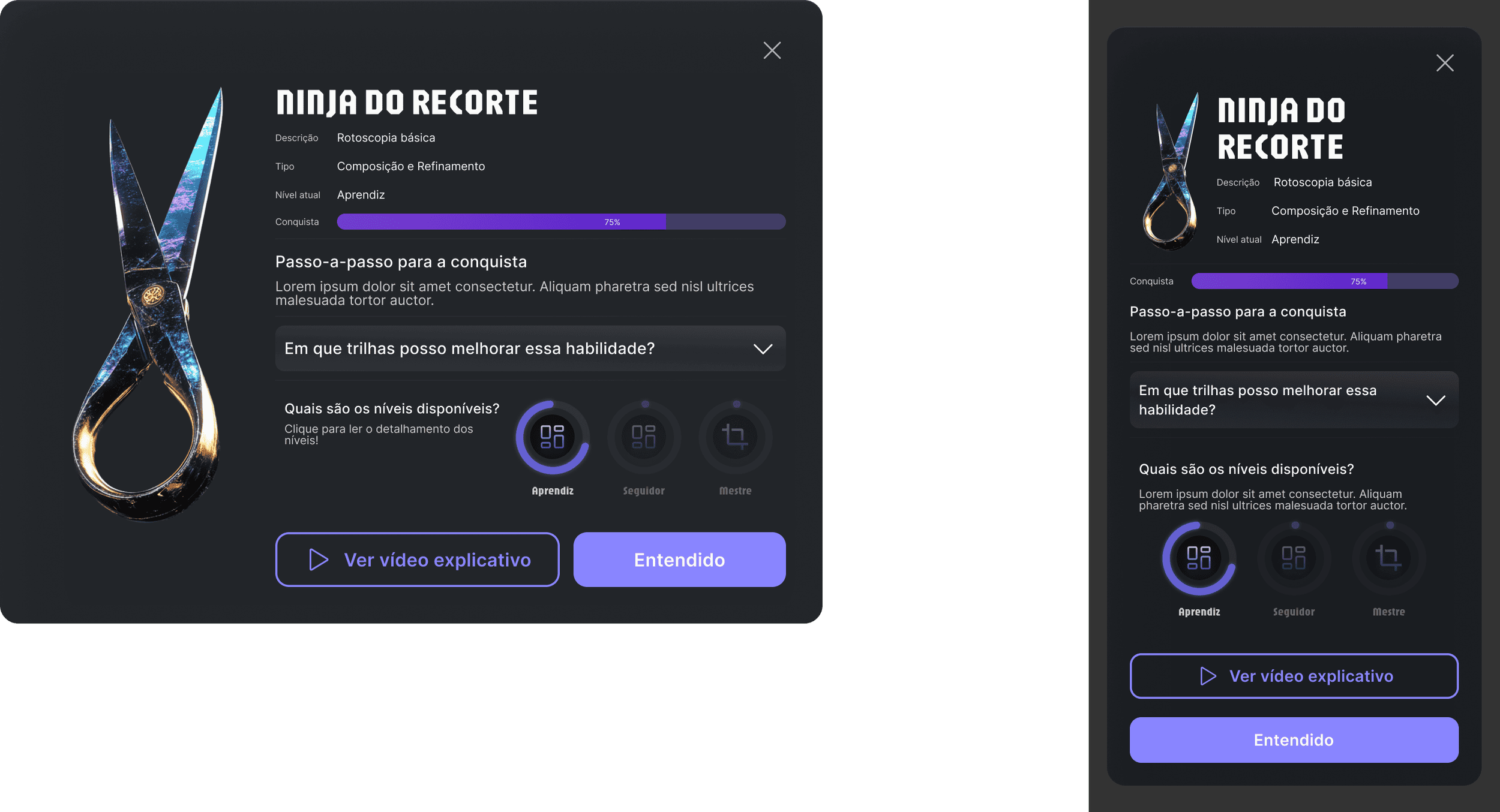 Screenshots of an interface featuring a pair of scissors with an iridescent finish, titled "Ninja do Recorte" in bold white letters. The interface contains sections labeled "Descrição", "Tipo", "Nível atual", and "Conquista" with progress bar, and bu