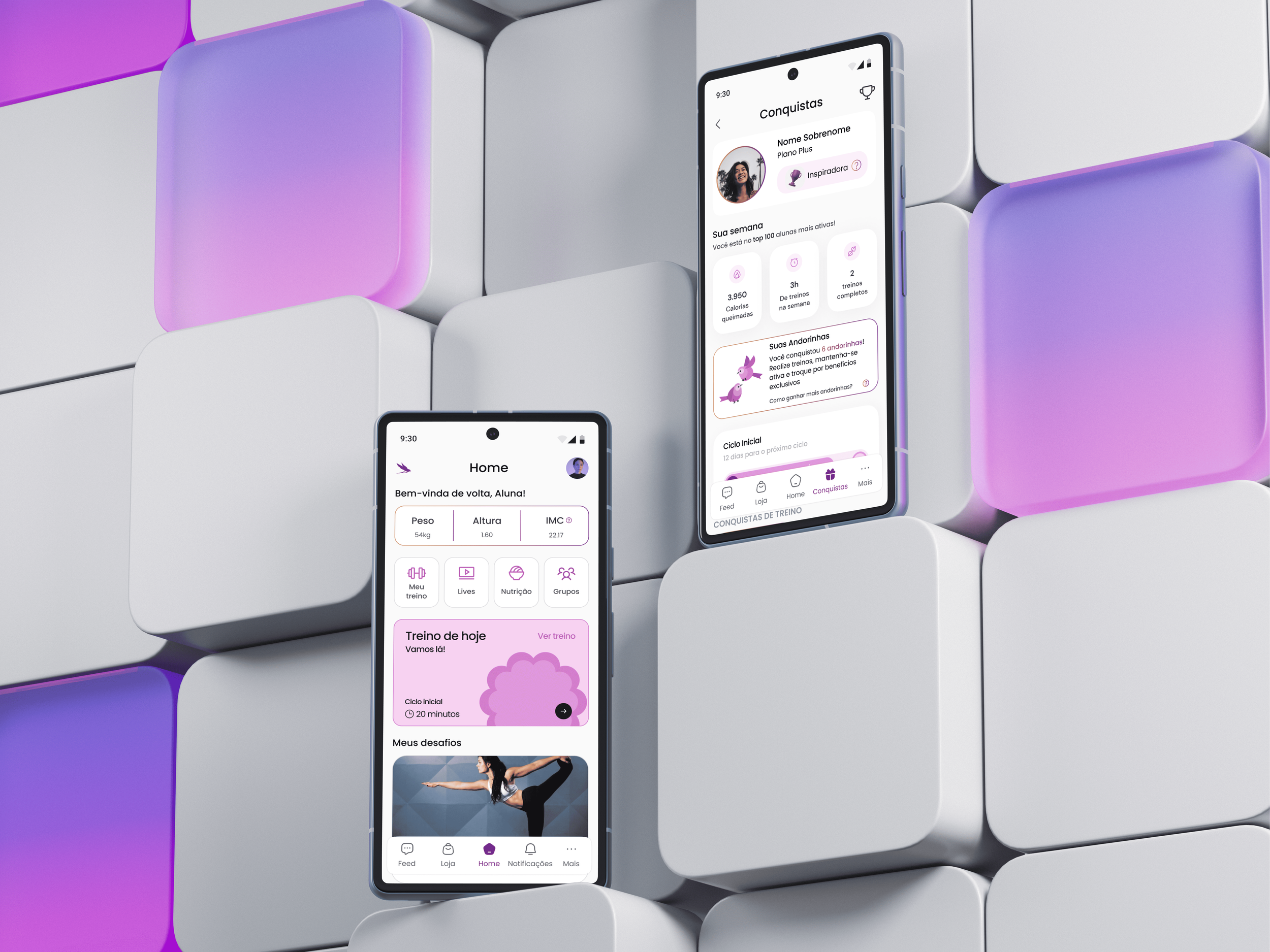 Smartphone screens displaying fitness and health app interfaces against a background of white and purple block shapes.